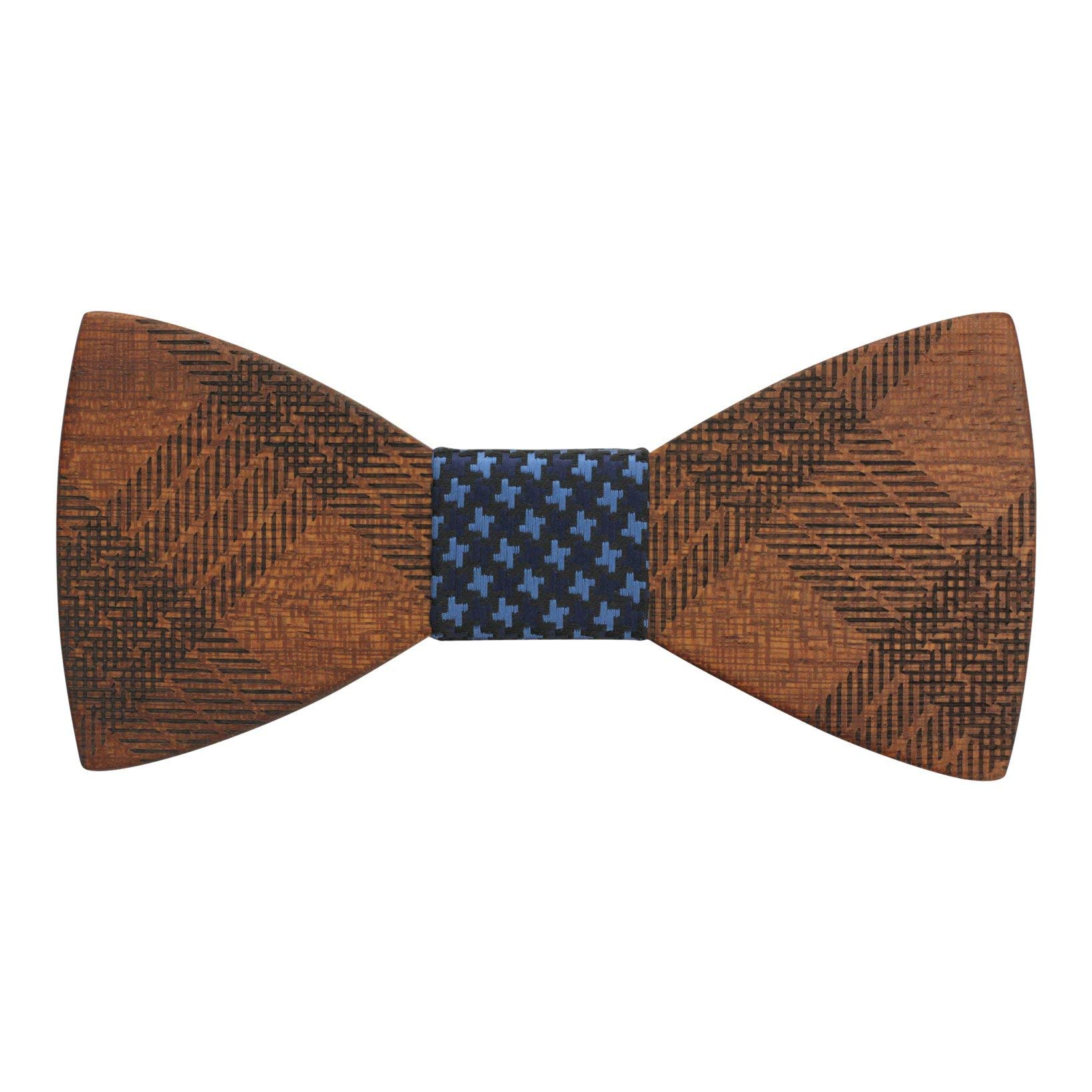 Adult-Sized Red Sandalwood Bow Tie with Plaid Engraving – Blue Woven Center