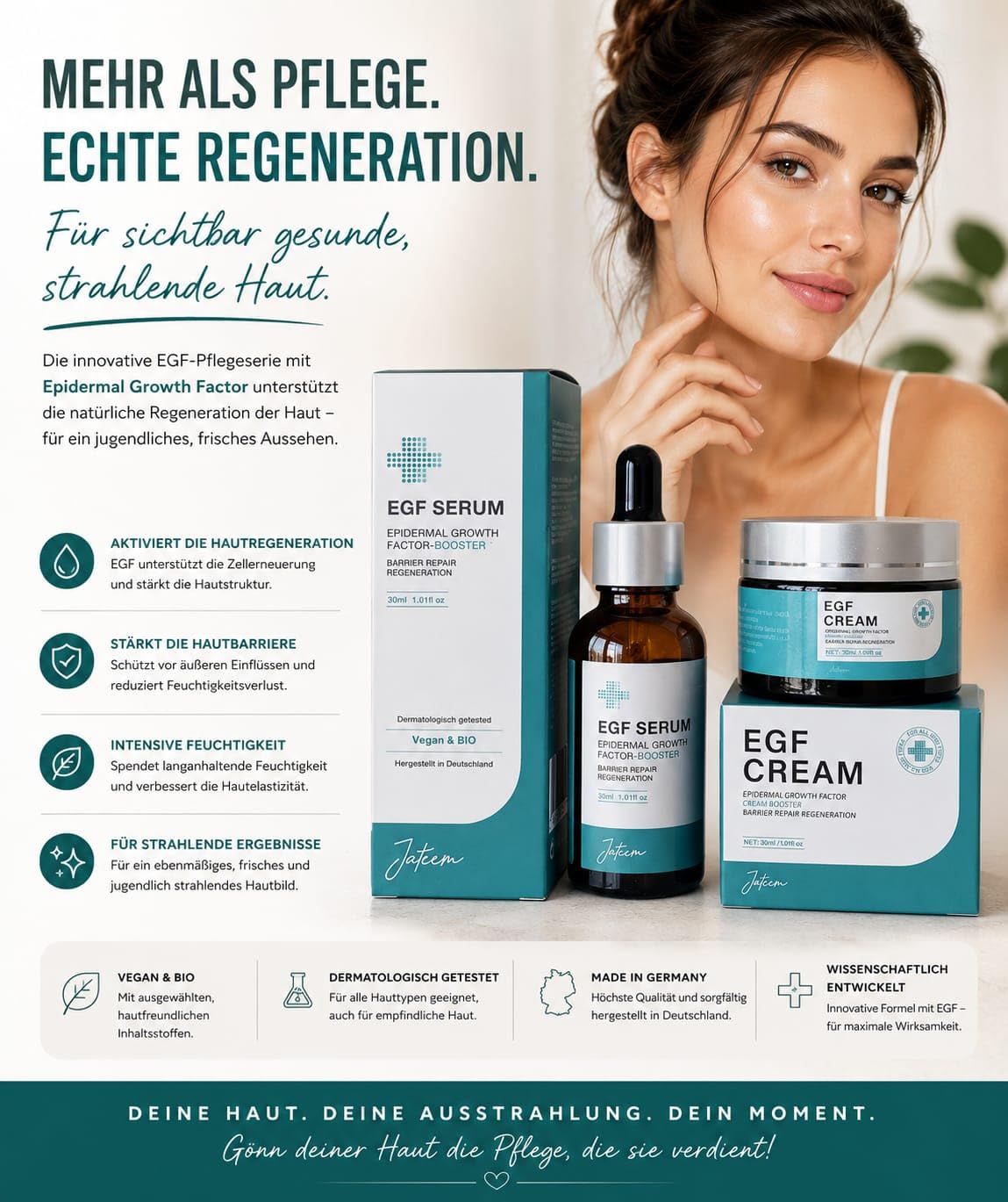 EGF Serum 30ml und Creme Set, Epidermal Growth Factor Booster, OLIGOPEPTIDE, hochdosiert Hautbilderneuerndes Reparatur Akne Narben Falten Flecken Konzentrat Microneedling Lifting, Made in DE