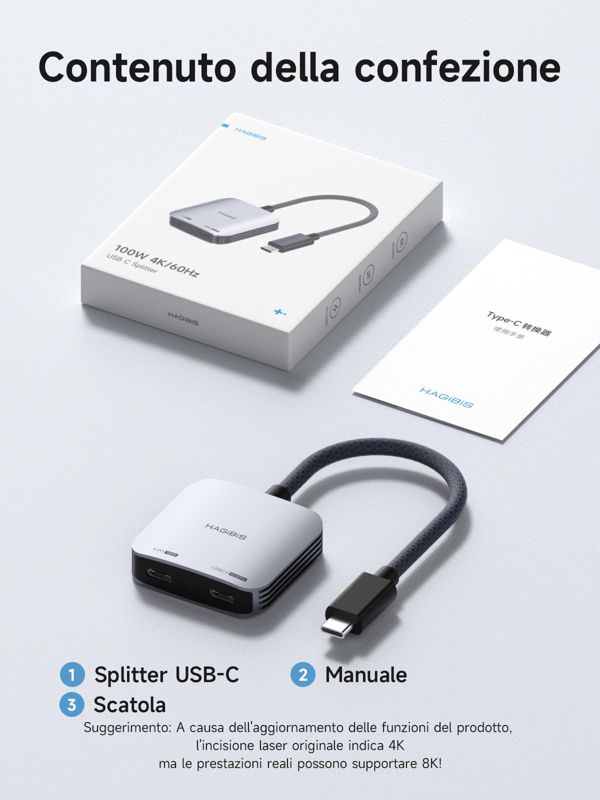 Hagibis - Adattatore per occhiali AR da 8K60Hz da 4K144 Hz USB C a occhiali e convertitore di ricarica, adattatore di alimentazione e set da 100WPD per XREAL, Viture(Non compatibile con Switch2)