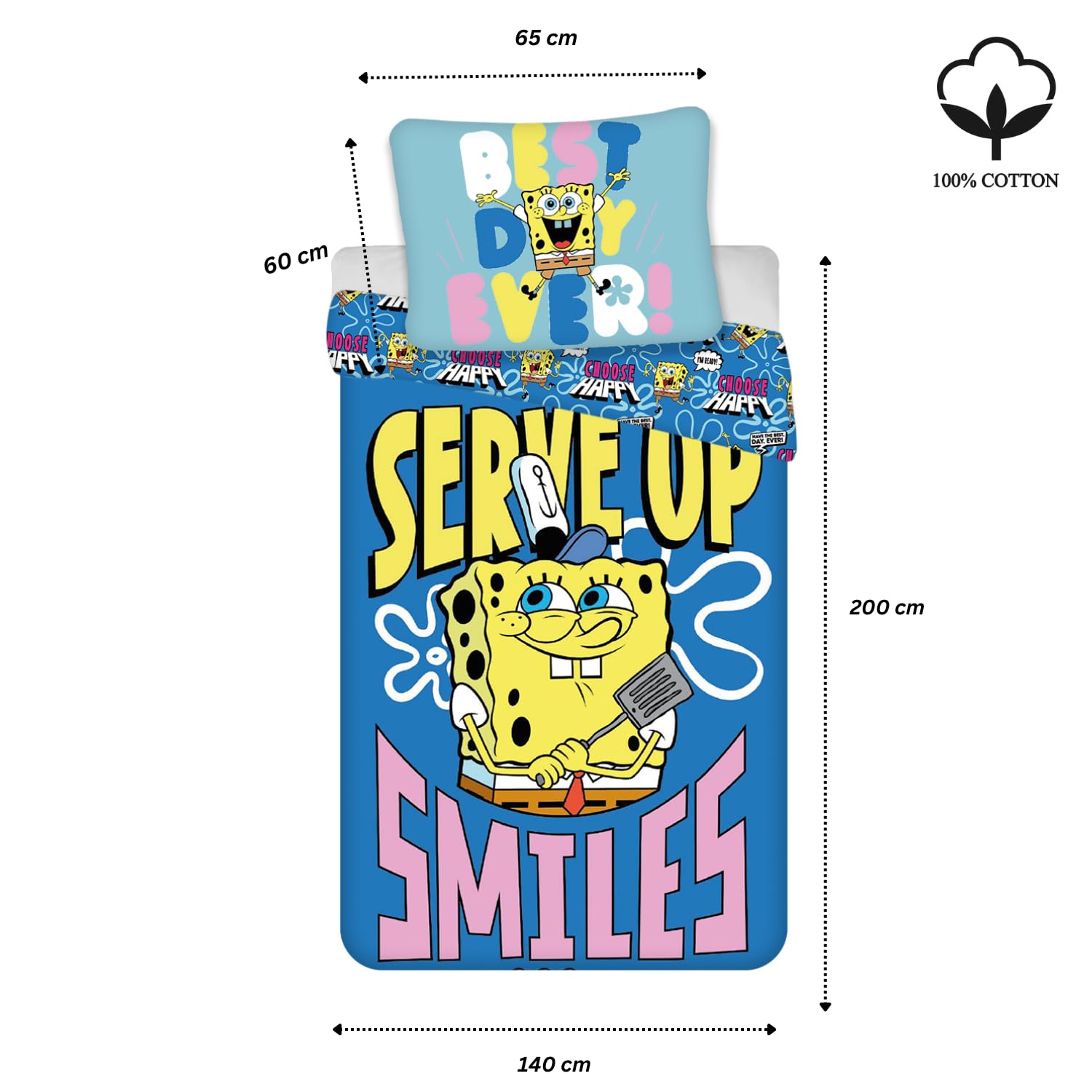 Set di Biancheria da Letto SpongeBob SquarePants 100% Cotone | Copripiumino per Letto Singolo per Bambini 140x200 cm + Federa 60x65 cm | Stampa Cartone Animato "Serve Up Smiles" | Morbido e