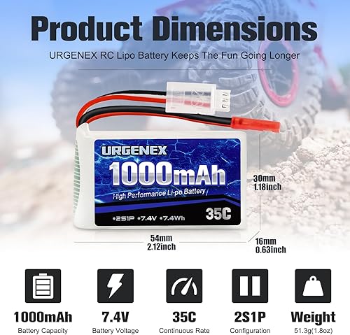 Miniatura 2 de URGENEX 2S Lipo Batería 7.4V 1000mAh 35C (Burst 70C) Batería recargable RC con enchufe JST compatible con WLtoys RC Cars A949 A959 A969 A979 K929 y