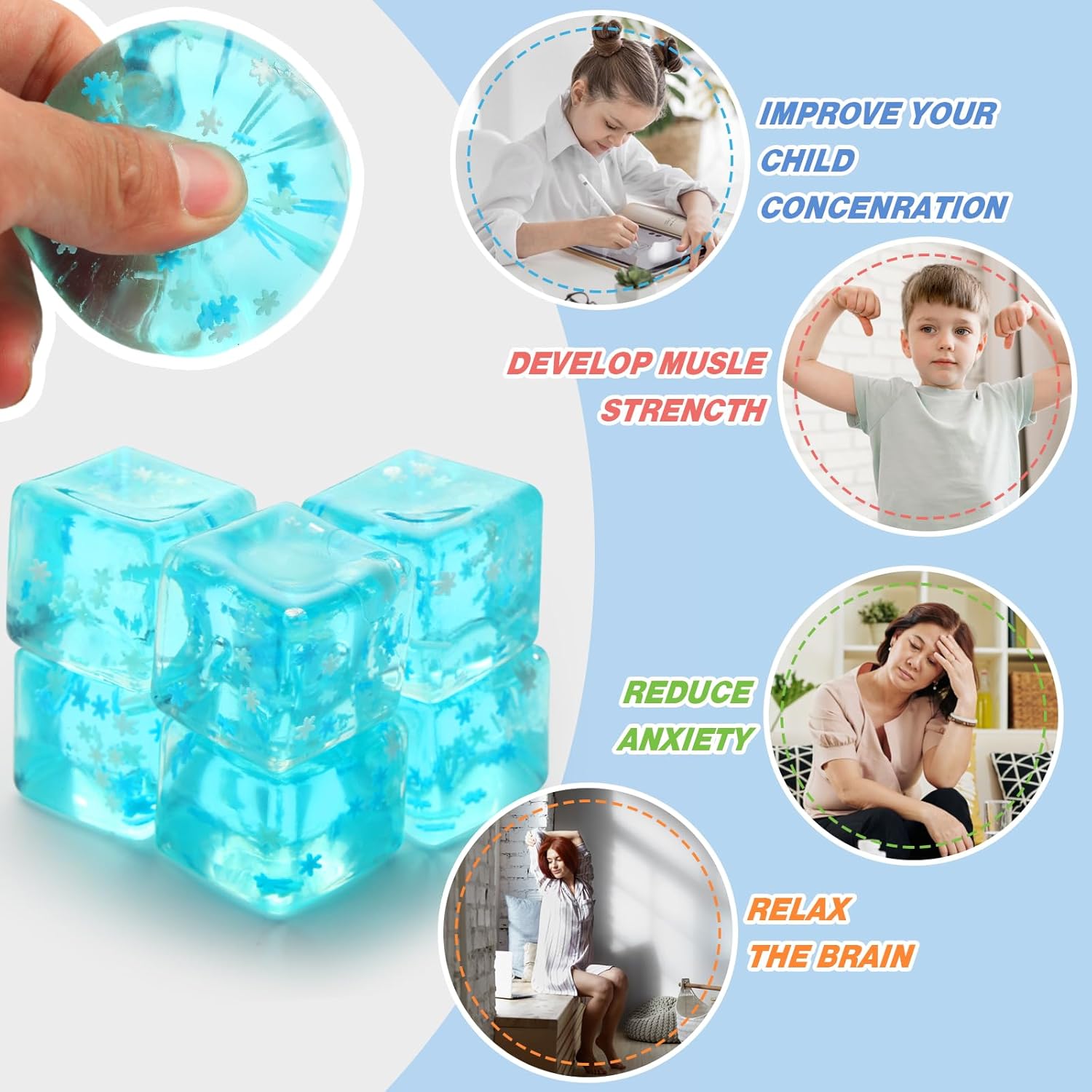 6 Pack Stress Balls Ice Cube with Snowflakes Inside, Sensory Squishy Ice Squeeze Toy Fidget Slow Rise Squishy Balls for Kids and Adults Anxiety Relief, Birthday Gifts Party Favors, Classroom Prizes - Image 6