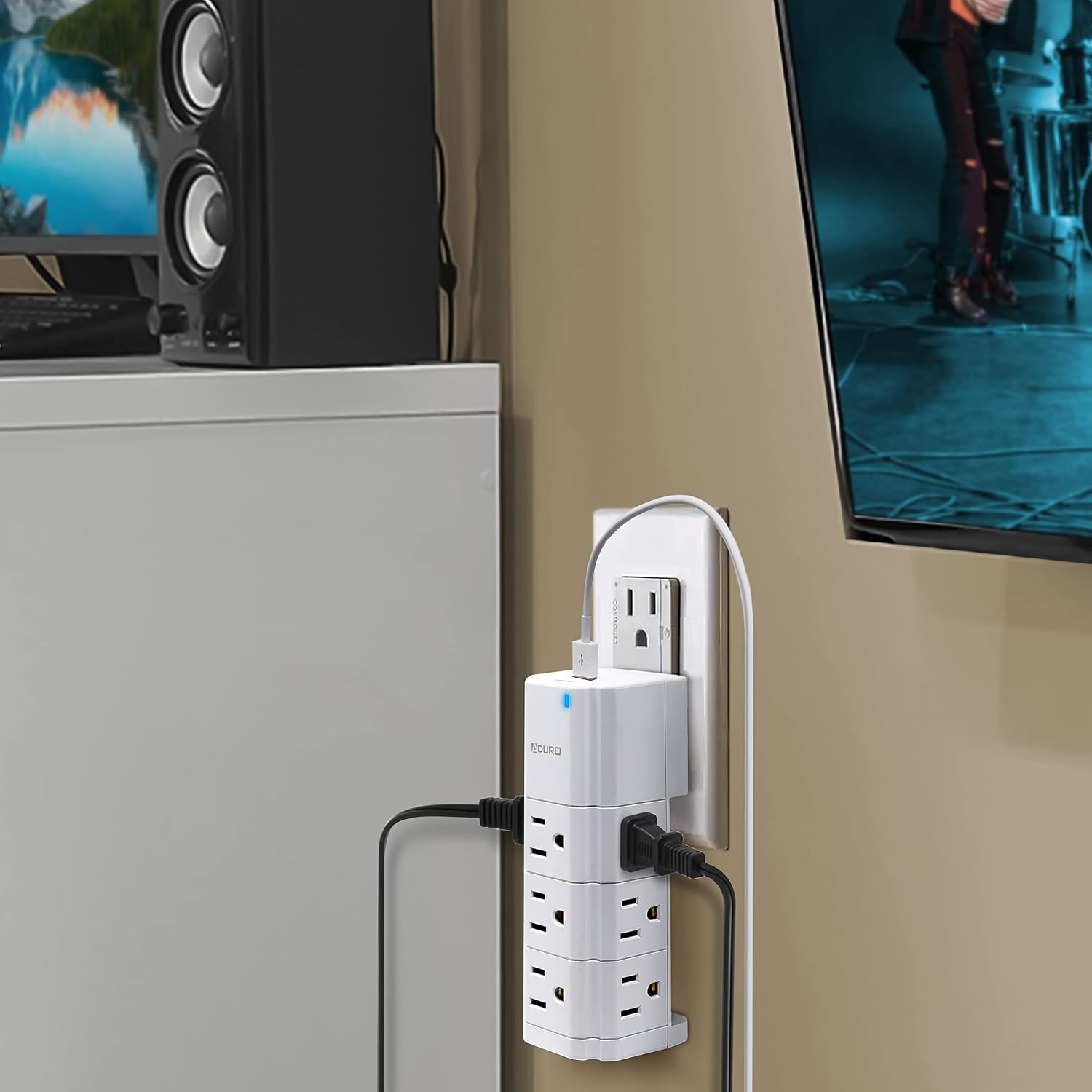 Aduro Surge Protector 9 Outlet Power Strip Swivel with USB (2 Ports 2.4A) Wall Mount Multiple Outlet Splitter Extender Adapter White