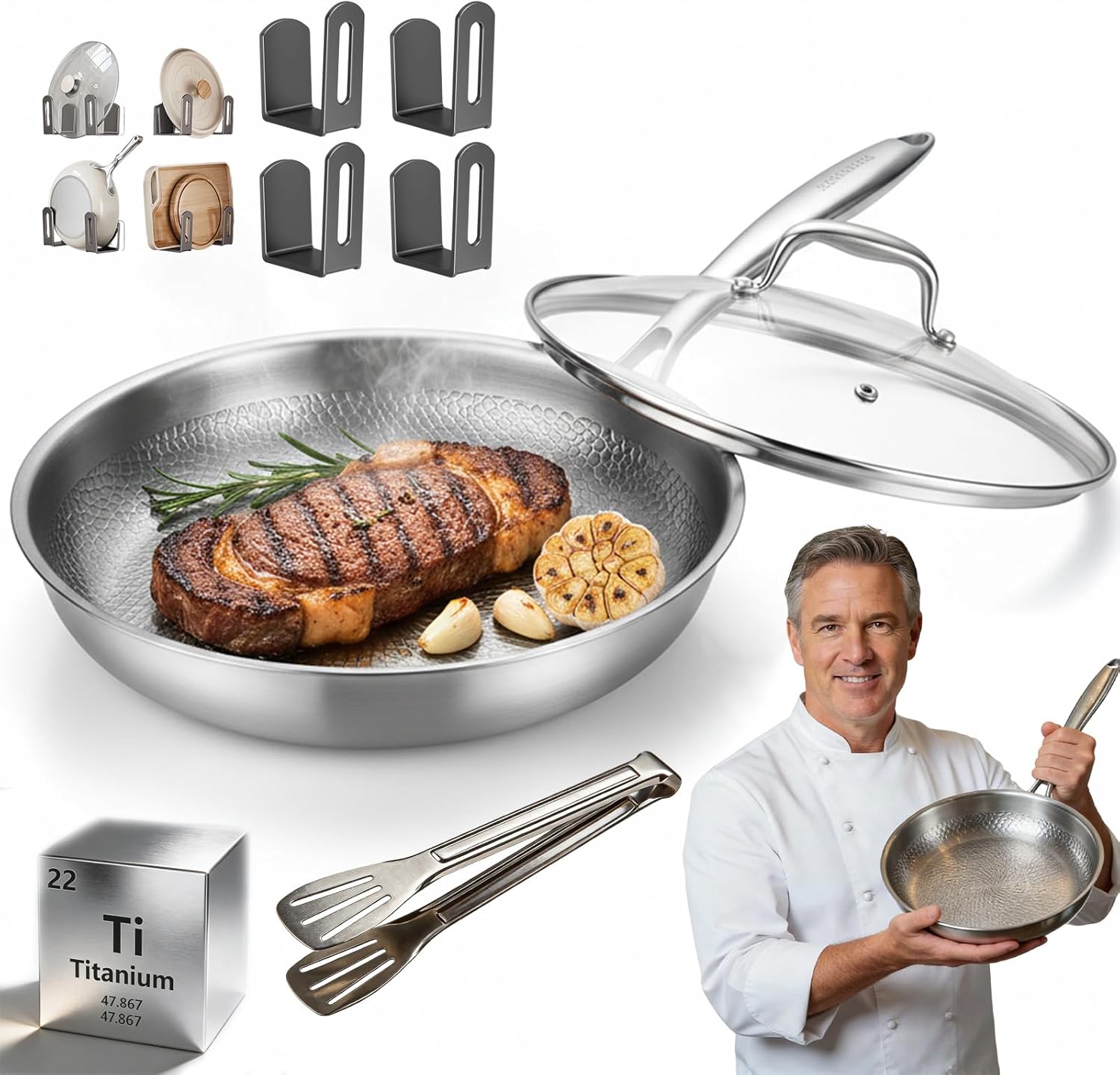 Titanium Frying Pan with Lid, Pure Titanium Cookware for Daily Use, Hammered Titanium Pans for Cooking, Scratch Resistant, Induction Ready & Oven Safe to 750°F (8.6in,with lid)