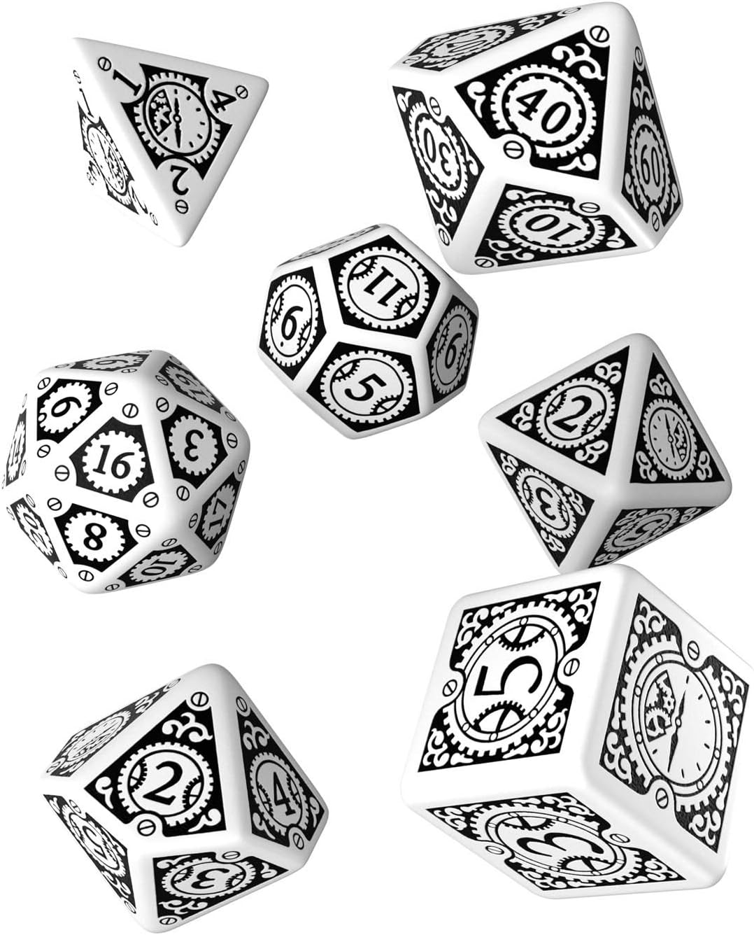 Q WORKSHOP Steampunk Clockwork White & Black RPG Dice Set 7 Polyhedral Pieces