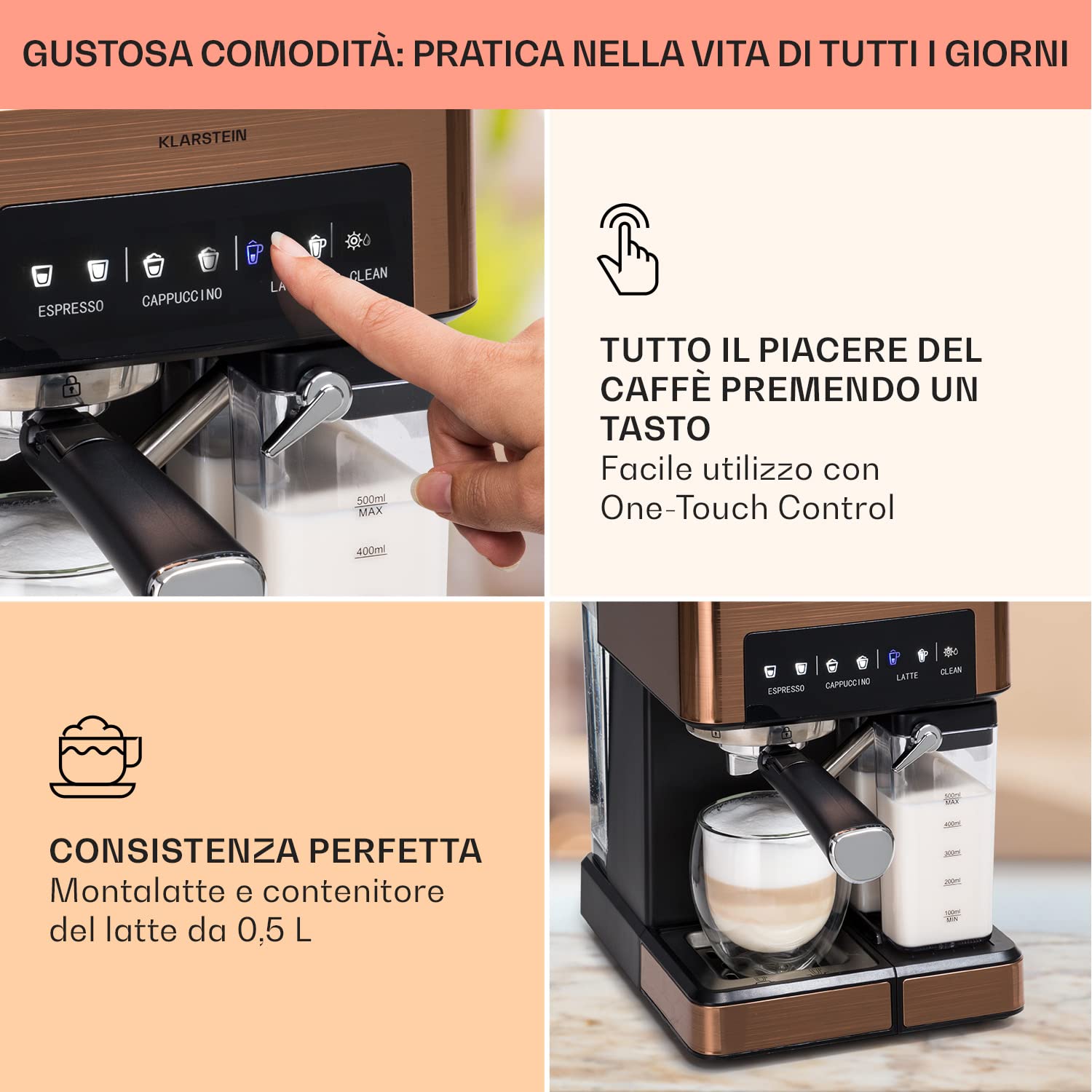 KLARSTEIN Macchinetta Caffe Espresso 1.8L, Macchina da Caffè Freddo, Caffè Macinato e Cappuccino, Macchina Caffe Barista da 20 Bar, In Acciao Inox per Latte e Macchiato, 1350W con Montalatte