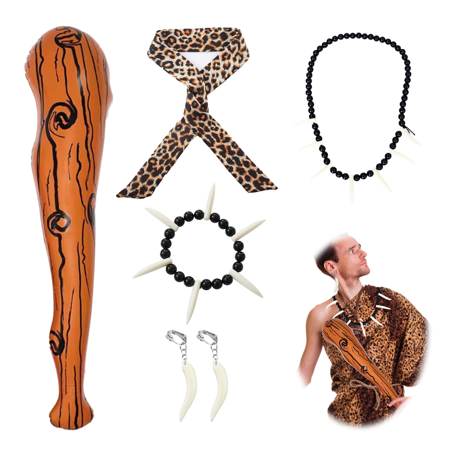 VIDSTW 5 Piezas de Disfraces de Hombre de las Cavernas Salvajes Disfraz CaverníCola NiñOs y Adultos Disfraz y Divertidos Accesorios Diadema Inflable de Leopardo De Maza, Pulsera, Collar, Aretes