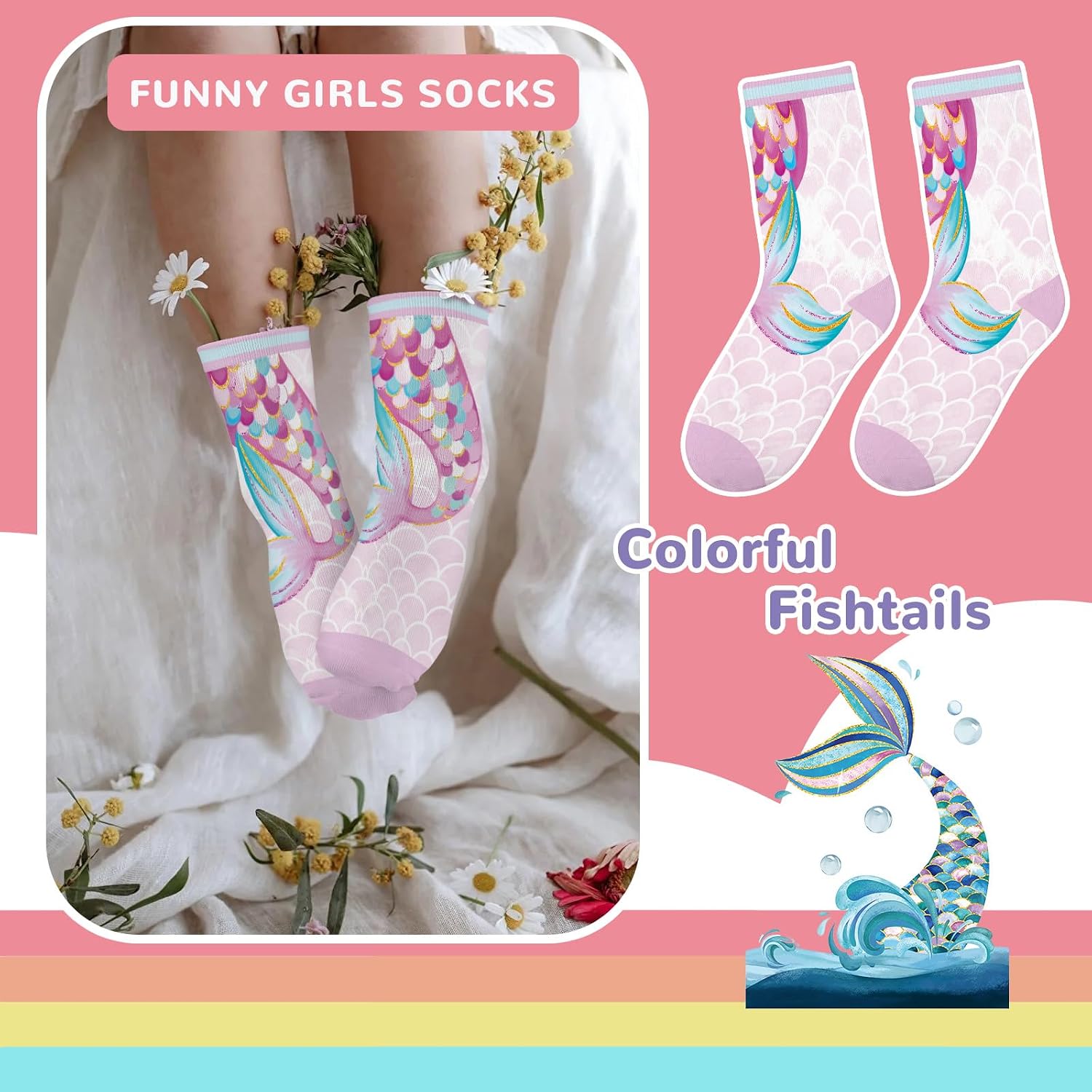 Girls Socks Mermaid Tail Unicorn Flowers Fruit Printed Pattern Cute Crew Ankle 6 Pairs 3-14Y Kids Birthday Gift
