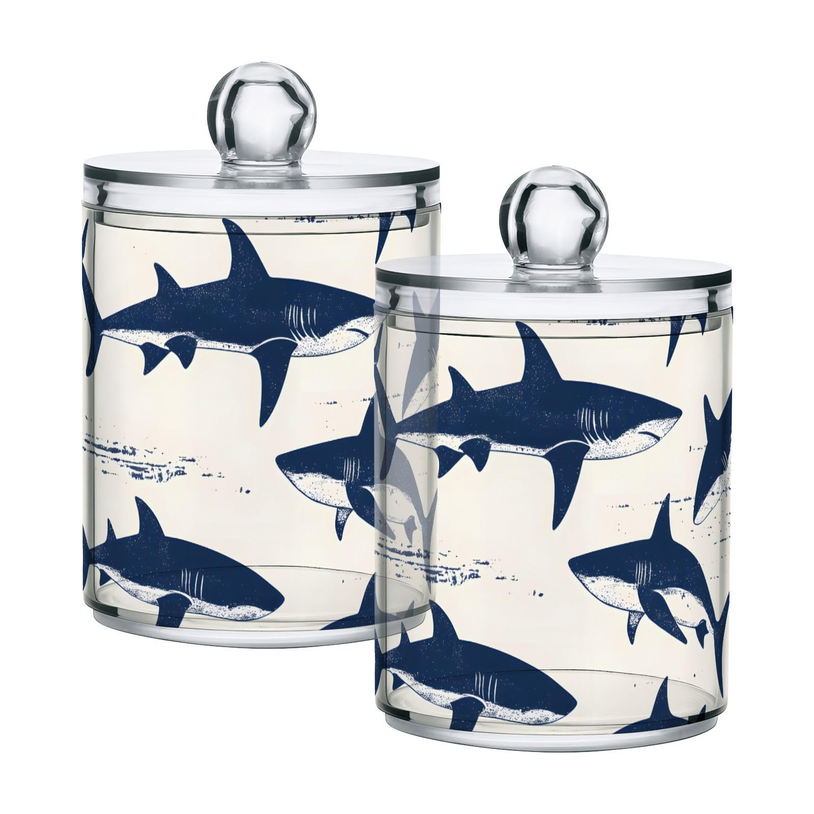 YMGQYJ 2 Pack Pattern Sharks Qtip Cotton Ball Holders Dispenser with Lid, Plastic Jars Bathroom Canisters Storage Organizer