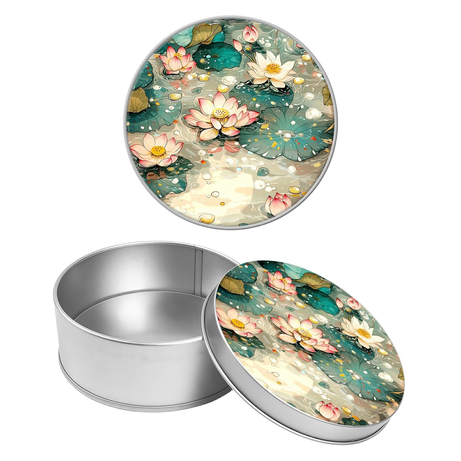Round Metal Tin Container with Removable Lid, Glitter Lotus Durable Metal Storage Box for Crafts Snacks Candies Office Supplies Small Items 3.54 x 1.38 inch– Single Pack