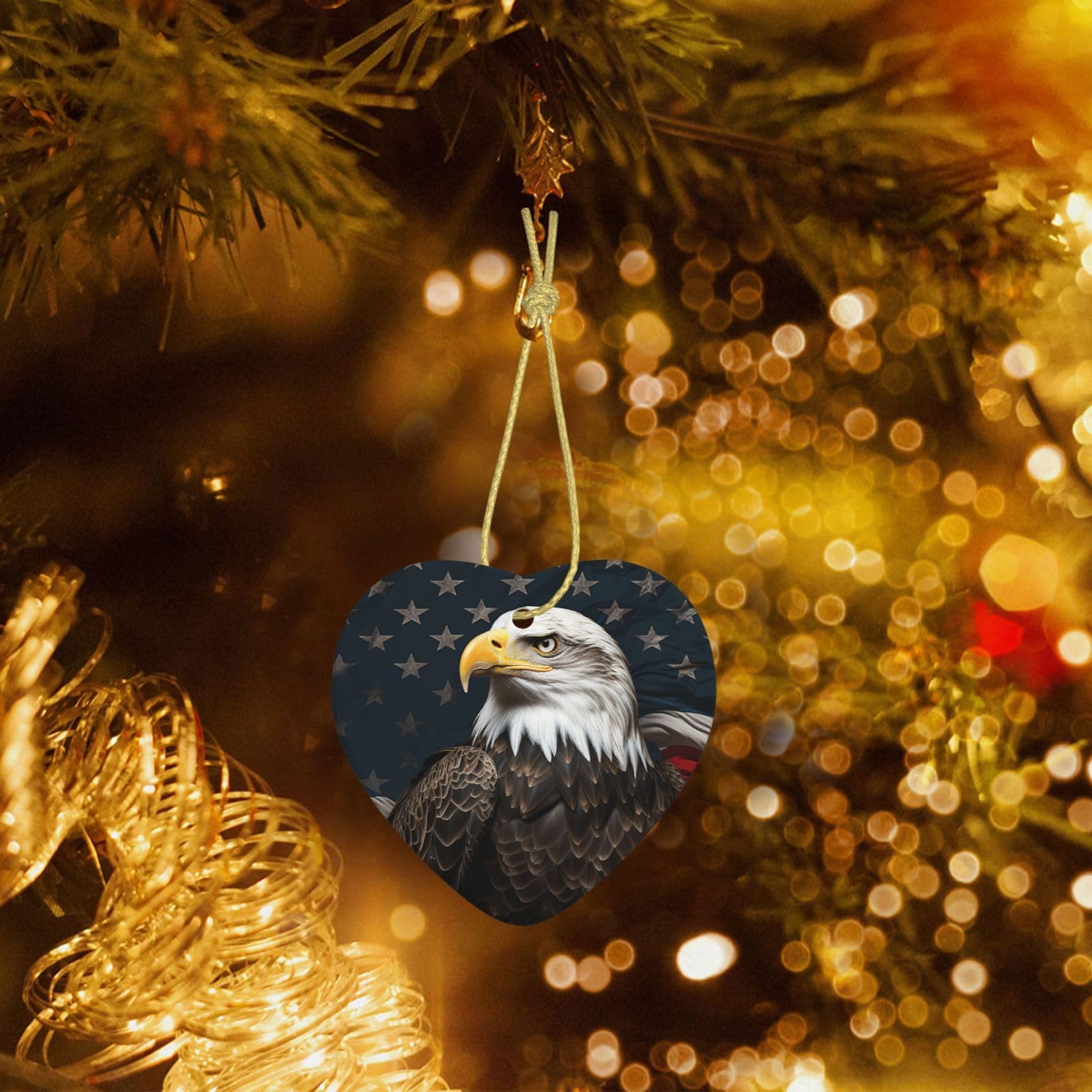 Christmas Heart Shaped Ornaments 1 Pcs, Double-Side Ceramic Xmas Tree Hanging Ornament with Gold String American Bald Eagle Personalized Porcelain 2025 Christmas Pendent