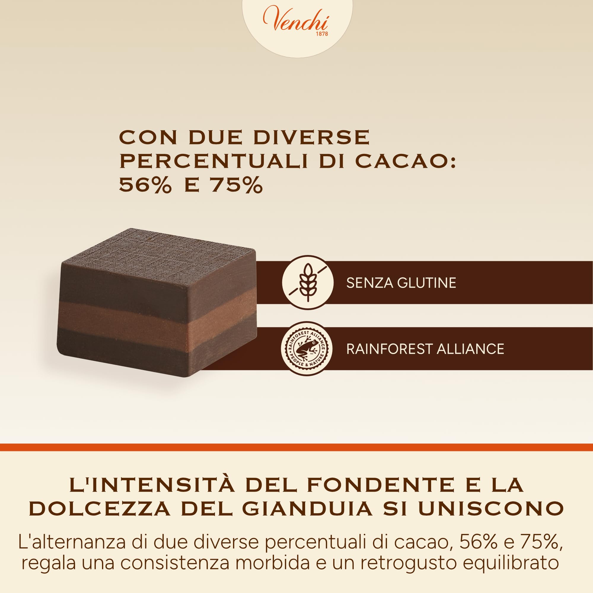 Venchi - Confezione Esposizione Cremino Extra Fondente, 2 kg - 3 Strati Cremosi - Pack da 190 Pezzi - Senza Glutine - Vegano