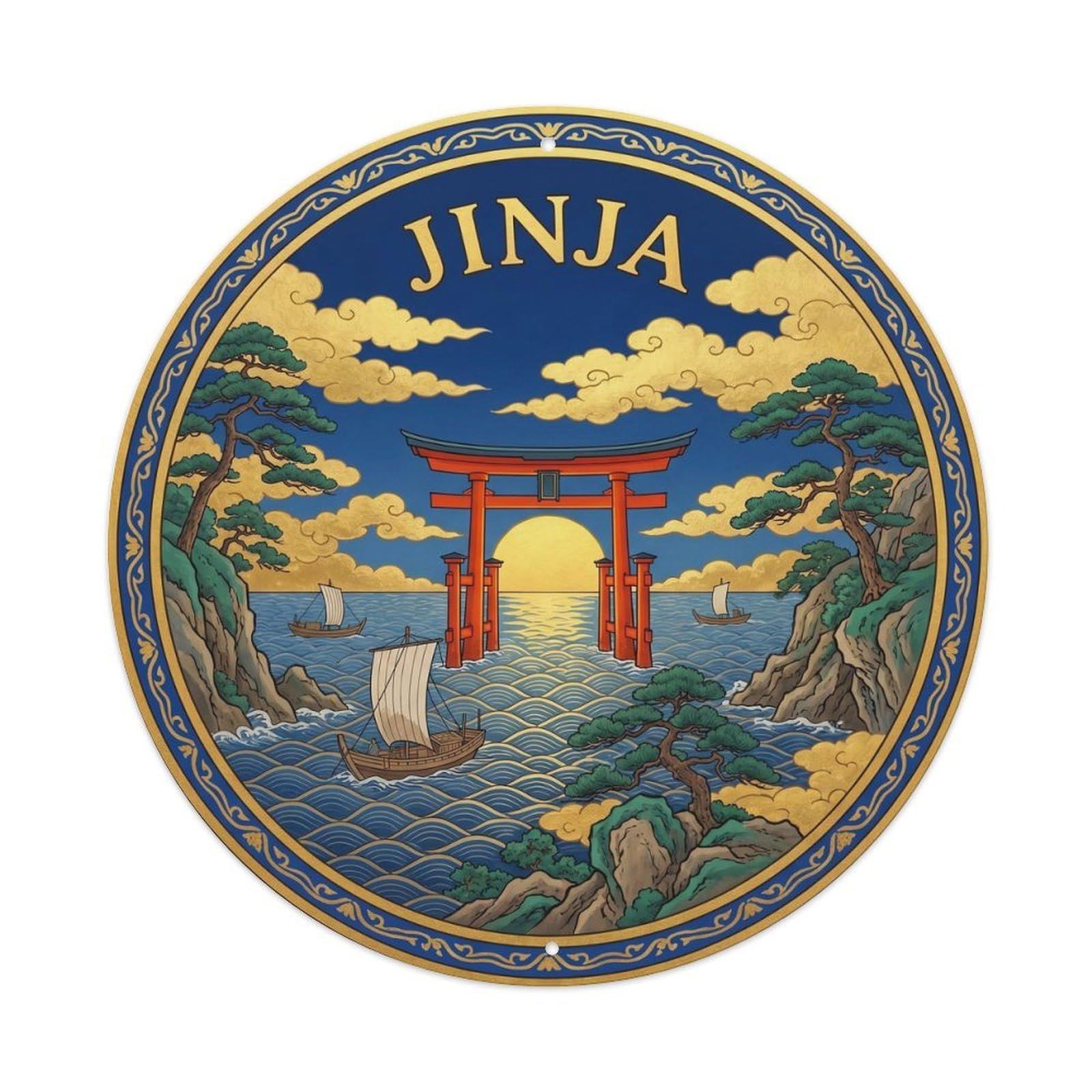 Olyhtr 8X8inch Classic Style Torii Sea Sunset Shrine Yamato Gold Cobalt Japan Metal Tin Sign