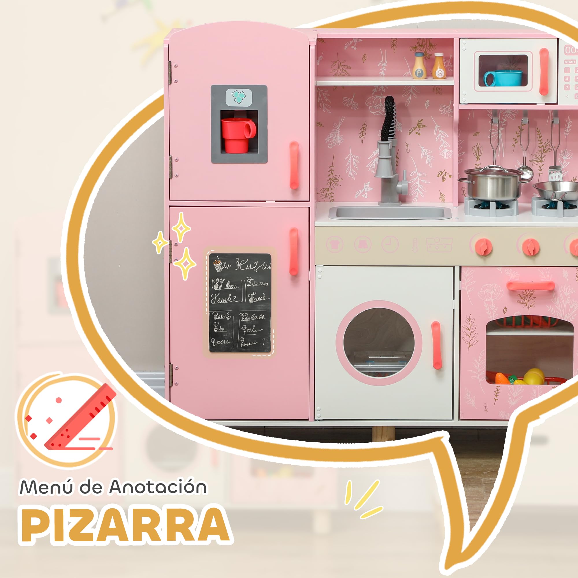 AIYAPLAY Cocina de Juguete para Niños +3 Años Cocina de Madera Infantil Cocinita Infantil con Sonido Fogón Horno Grifo Fregadero Microondas Lavadora Máquina de Hielo y Accesorios Rosa