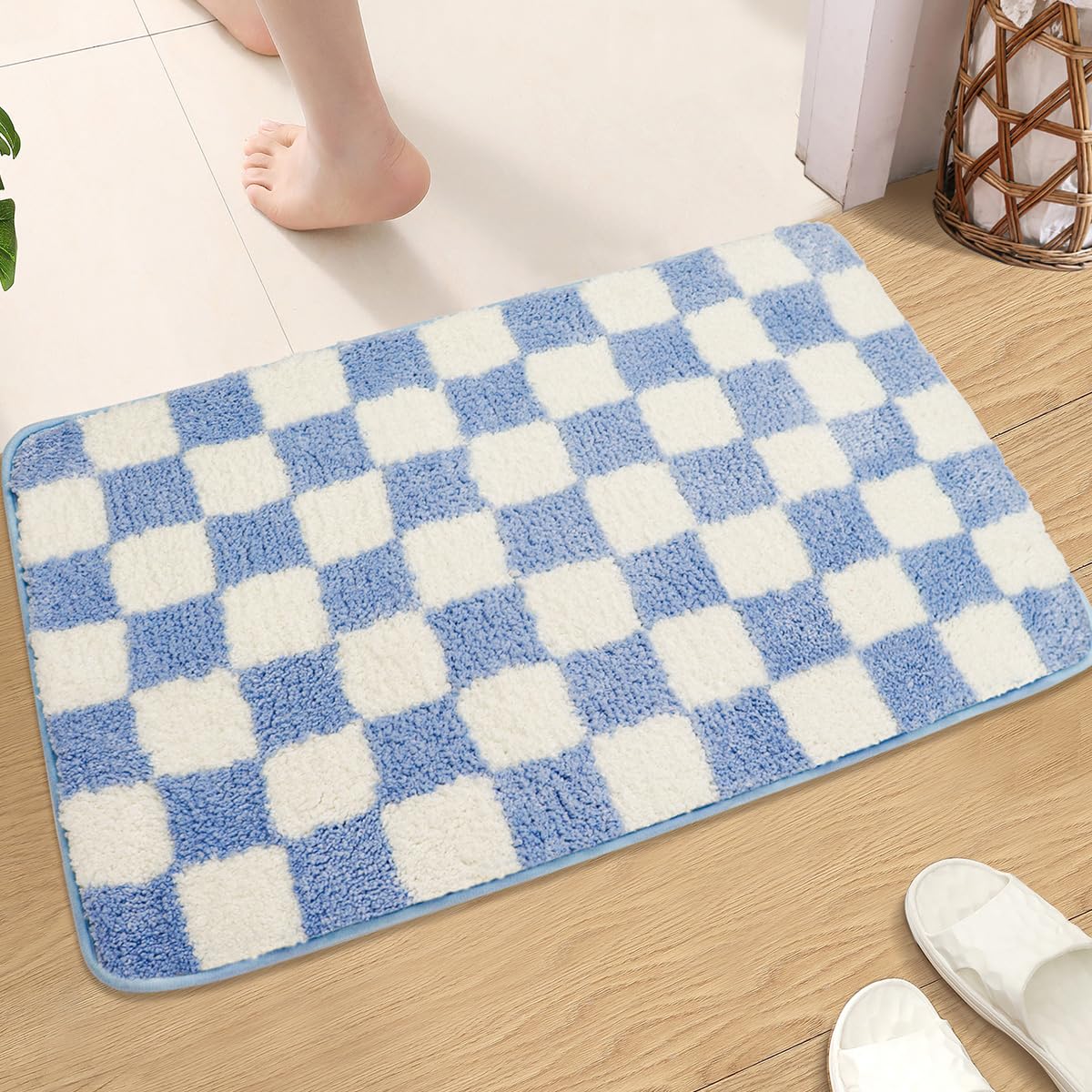 Enhopty Checkered Bathroom Rugs Checkered Bath Mat Non Slip Fluffy Absorbent Microfiber Door Mat Washable Aesthetic for Tub Bedroom Indoor