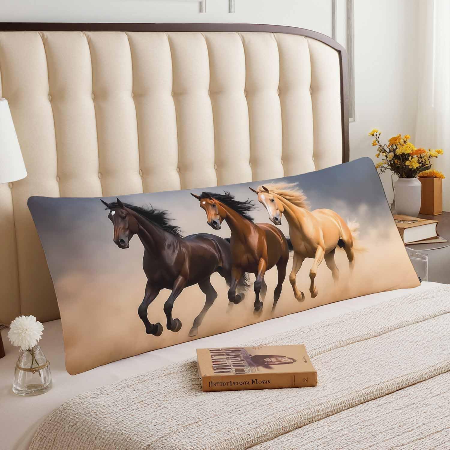 Couch Body Pillow Cover Horse Bedding Body Pillow Case for Men Women, Wild Horses Galloping Oblong Pillow Covers Throw Cushion Cases for Home Sofa Livingroom 20"X 54", Brown