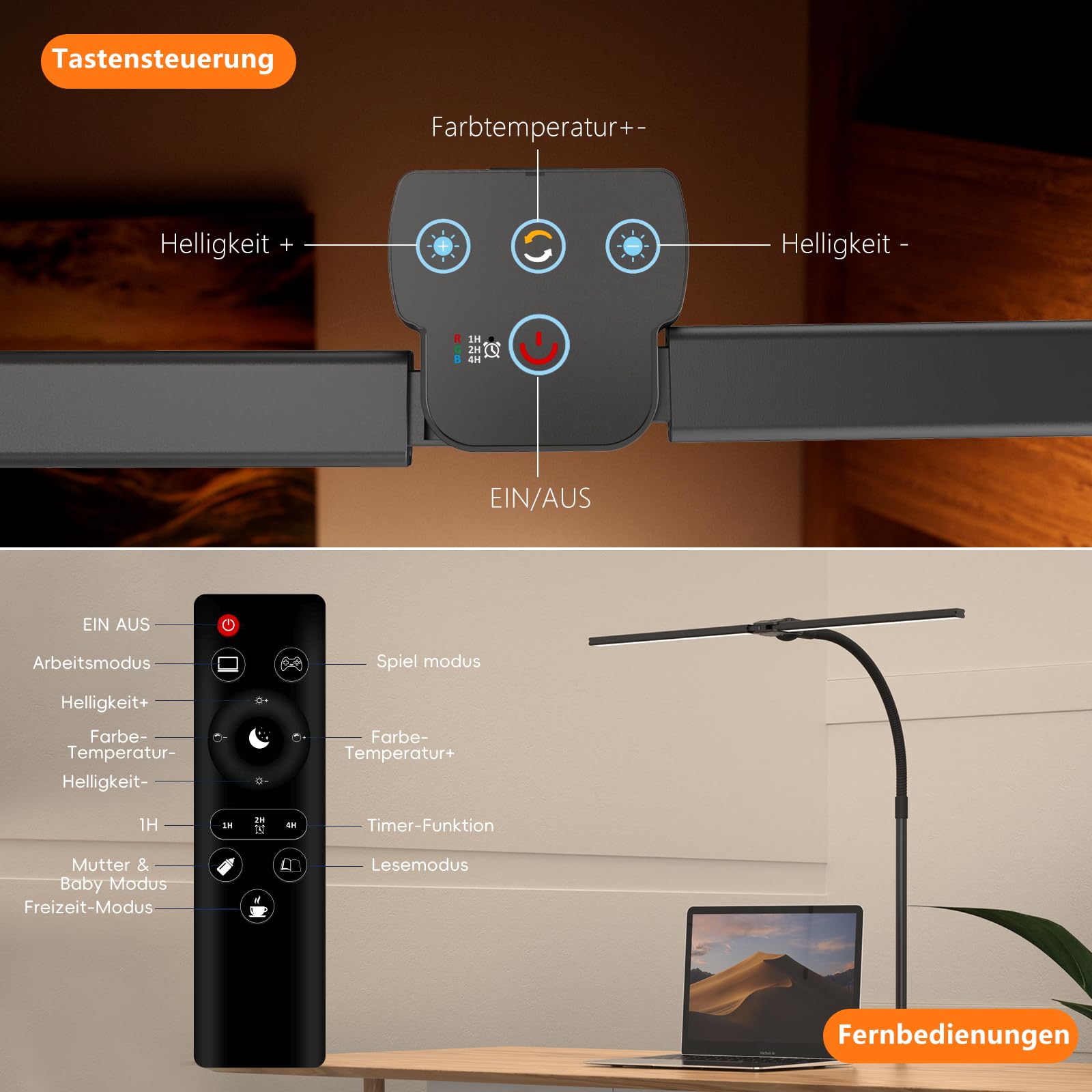 Doppelkopf Schreibtischlampe LED Dimmbar，1200 Lumen Schreibtischleuchte klemmbar mit 5 Farbtemperaturen und 5 Helligkeiten für Home Office，Augenschutz büro tischlampe mit Schwanenhals,Monitor Lampe