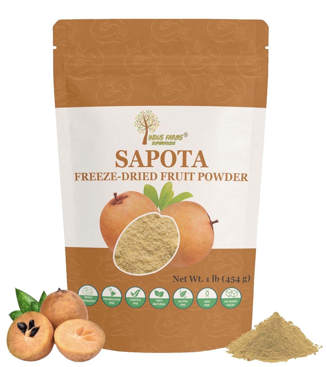 Indus Farms Sapota Freeze-Dried Fruit Powder, Unique Flavor For Smoothies, Baking, Desserts & Functional Beverages, Natural Sweetener, No Additives or Sugar Added, 1 LB