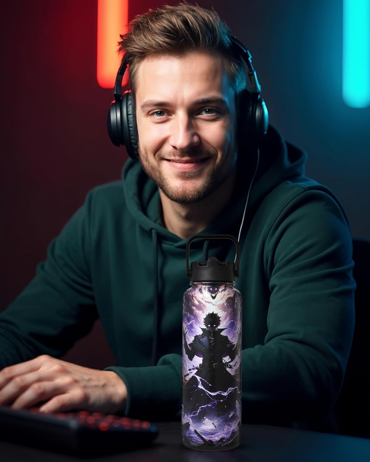 Anime Water Bottle 40 oz – Dark Realm Collector Edition, Insulated Stainless Steel Bottles with Straw for Men & Boys, Leakproof Teens & Kids Tumbler, Gaming Birthday Gift for Anime Fans Mens & Gamers