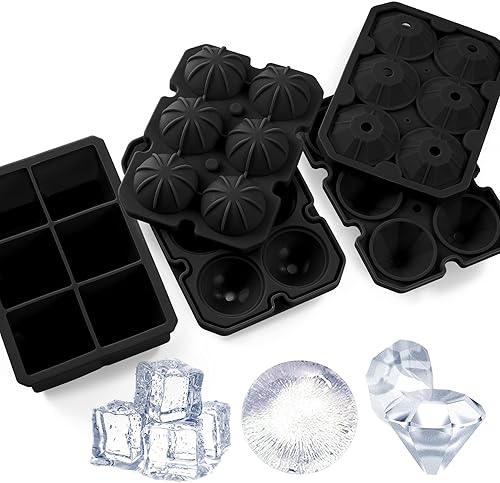 Paquete de 3 bolas de hielo de silicona y bandejas cuadradas de cubitos de hielo de diamante, fácil liberación para enfriar, whisky, vino, cóctel