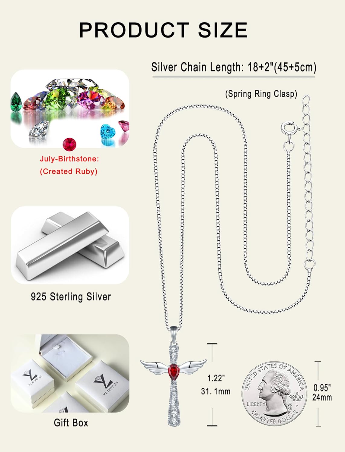 YL Cross Necklace 925 Sterling Silver Angel Wings Pendant Teardrop Birthstone Criss Jewelry for Women - Image 6