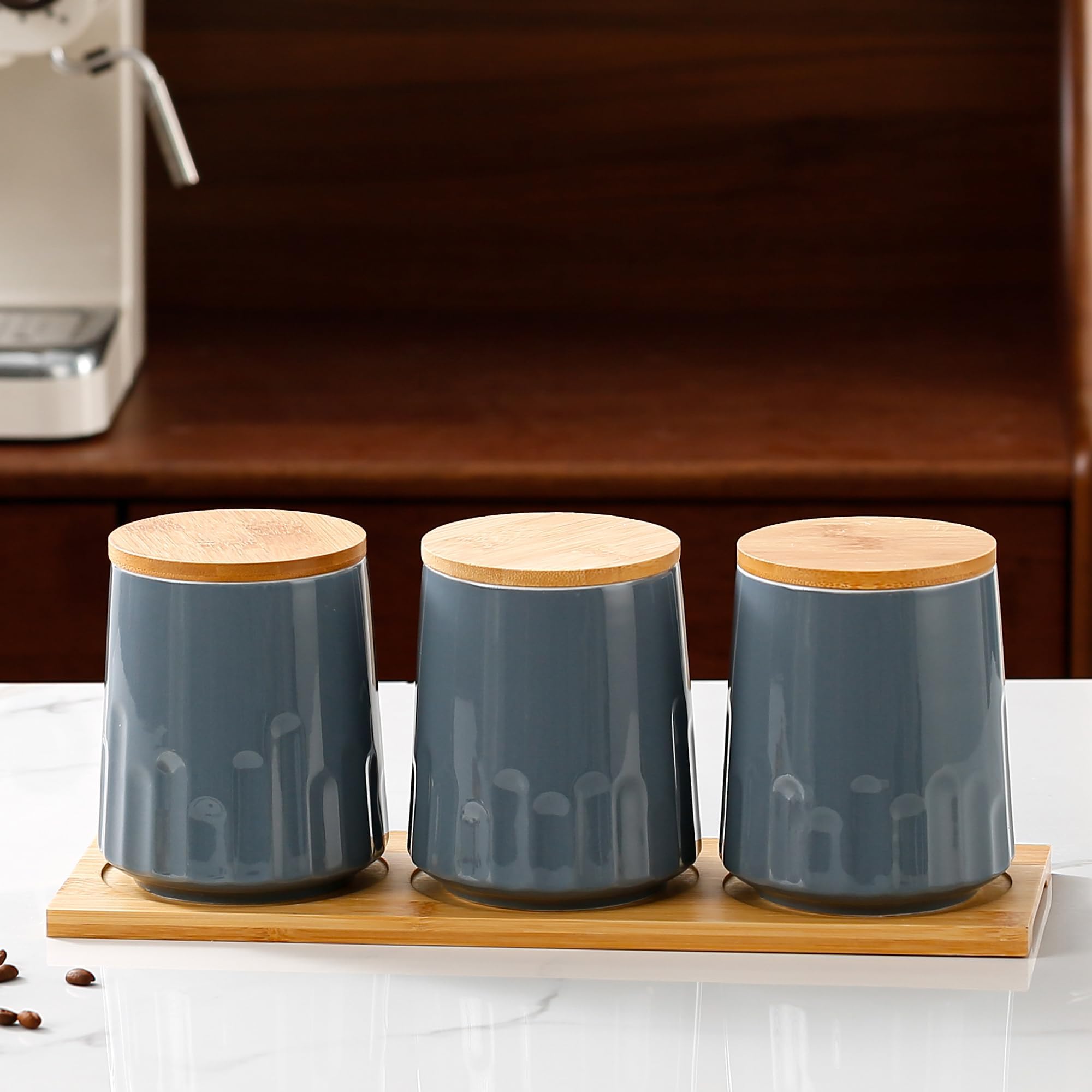 Kuber Industries Set of 3 (650ml) Airtight Ceramic Salt Jar Storage Set with Bamboo Wooden Lid For Kitchen Condiment | Chini Mitti Barni Pots Container for Spices | Grey-PLS3704-GY-L
