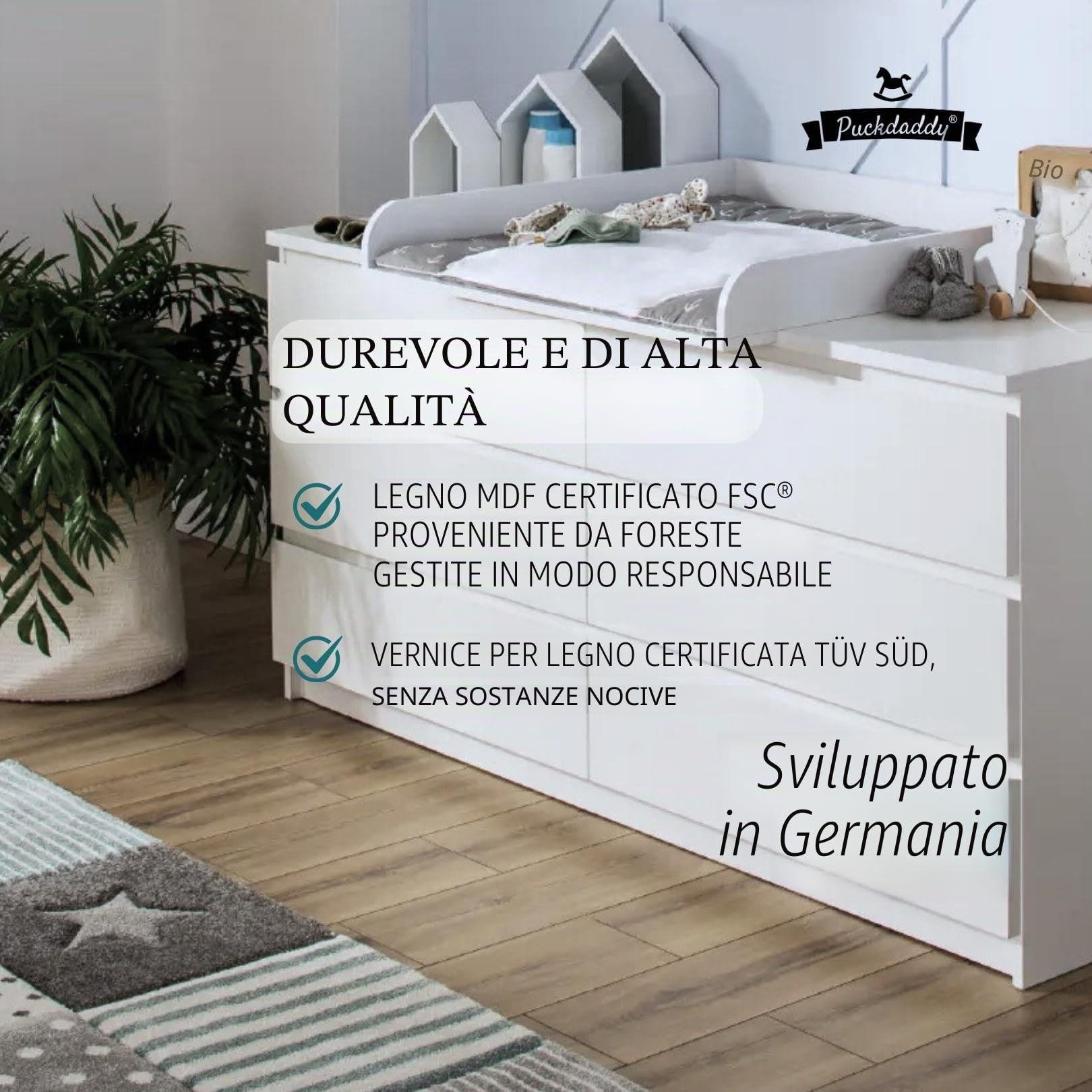 Puckdaddy - Moritz compatibile con cassettiera IKEA Malm e simili - fasciatoio in legno bianco 80x78x10 cm - fasciatoio di alta qualità incl. materiale di fissaggio per montaggio a parete