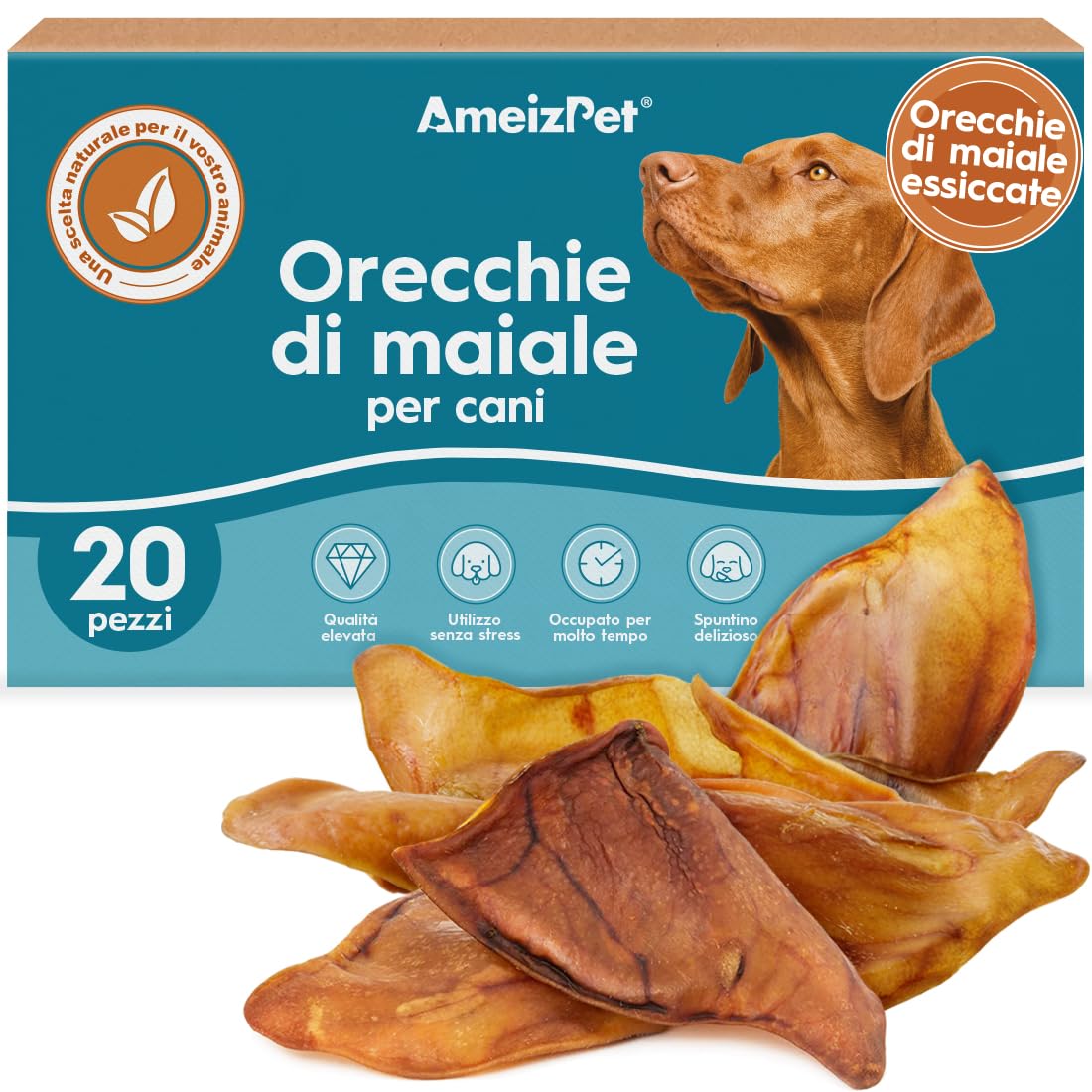 AmeizPet Orecchie Di Maiale Essiccate Per Cani, Masticativi Naturali Per Cani, Lunga Durata Croccanti Orecchie di Maiale, Dolcetto Per Cani 20 Pezzi