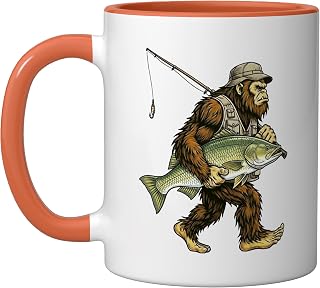 Barramundi Bigfoot Fisherman Saltwater Fishing Sasquatch Ceramic Mug, Orange/White