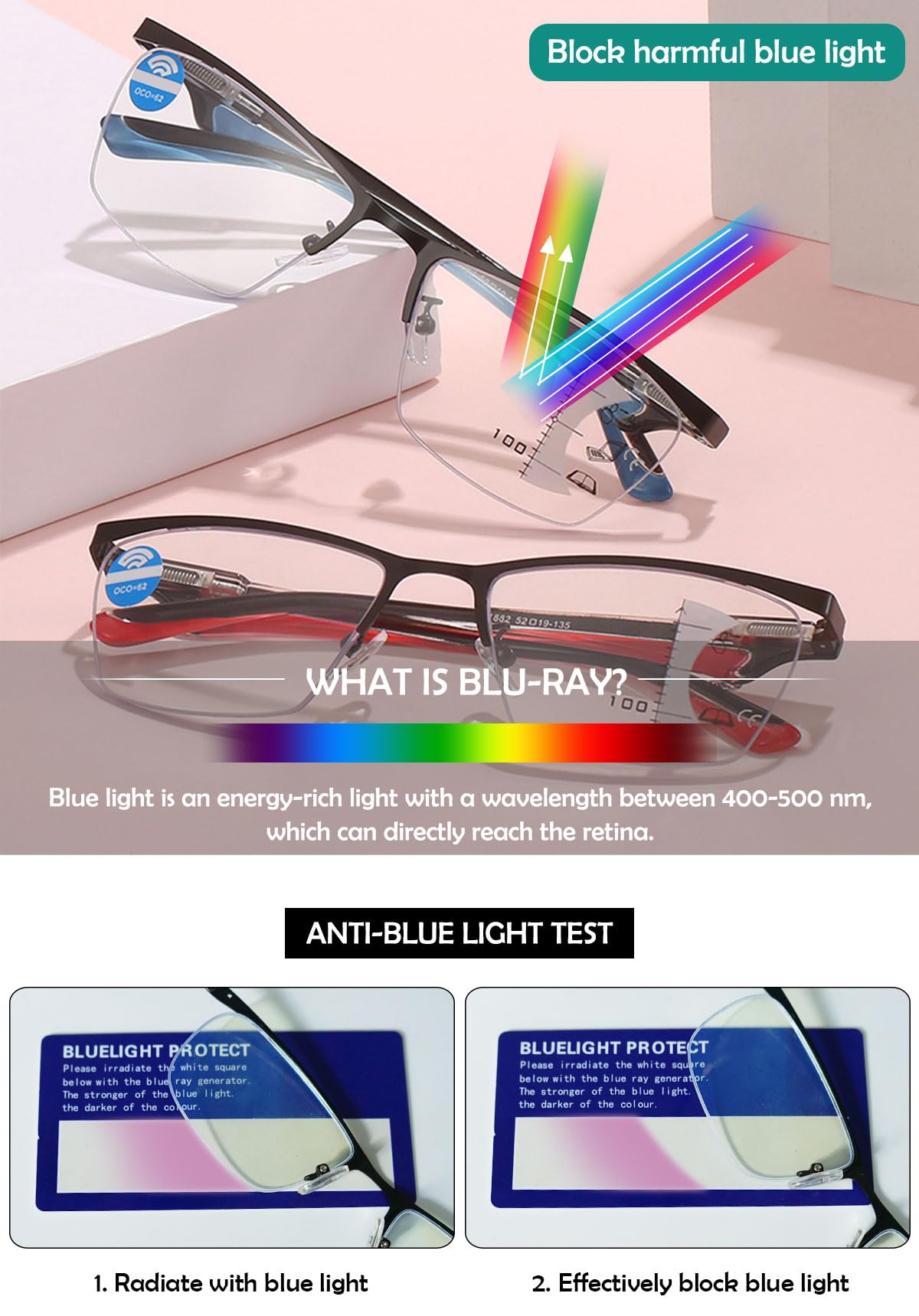 KOOSUFA Gleitsichtbrille Progressive Multifokus Lesebrille Herren Damen Metall Halbrand Anti-Blaulicht Lesebrillen Federscharnier Lesehilfe Arbeitsplatzbrille 1.0 1.5 2.0 2.5 3.0 3.5