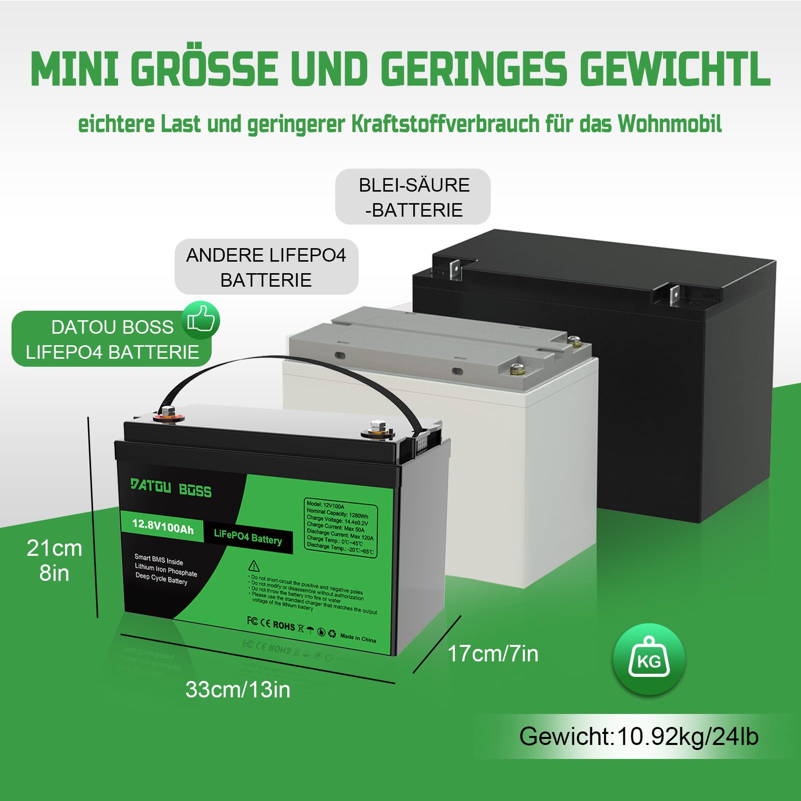DATOUBOSS LiFePO4 Batteria Litio 12v 100Ah con 100A Protezione BMS, Fino a 15000 Cicli e 10 Anni Di Durata, per Camper, Barca, Kit di Pannelli Solari, Campeggio, Casa