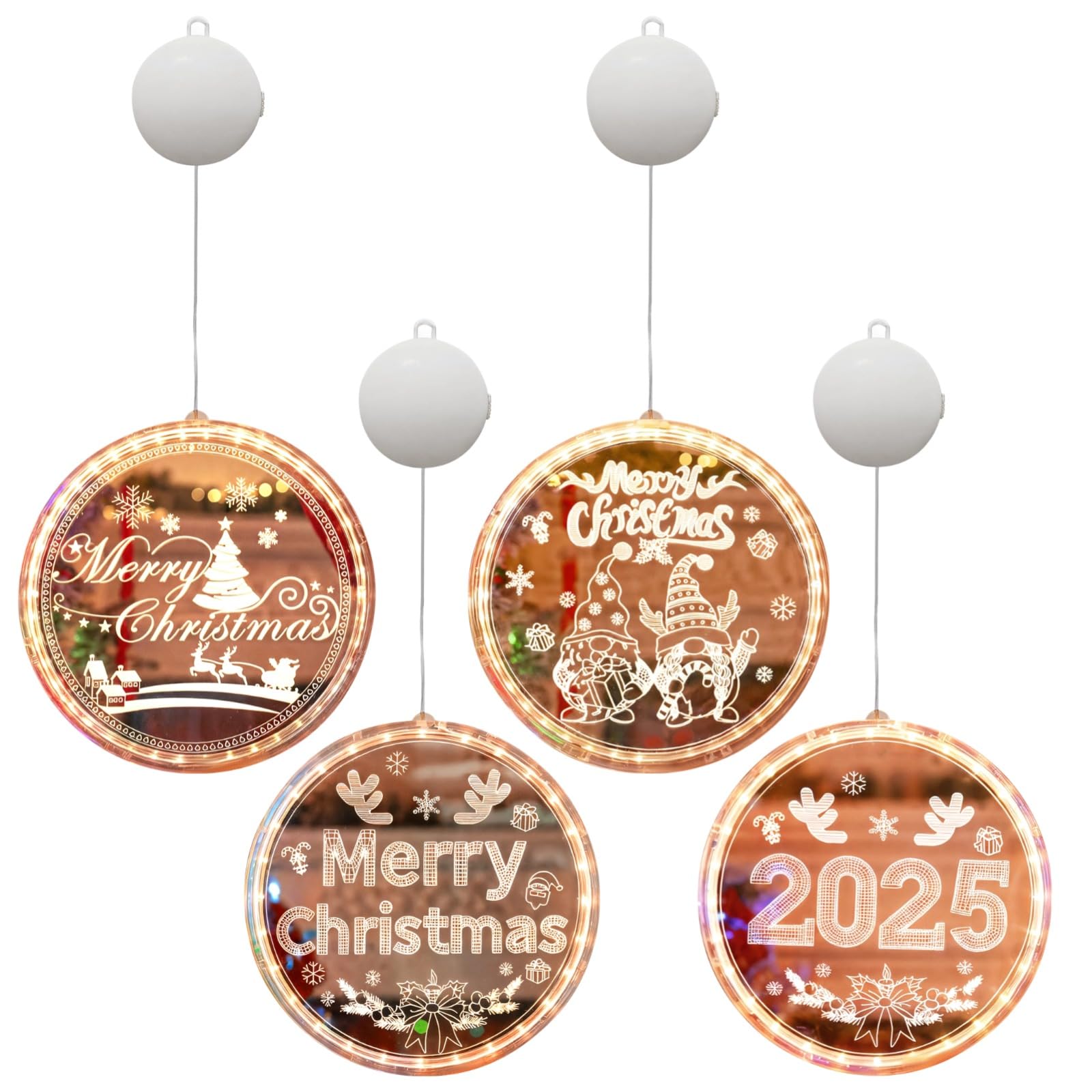 Weihnachts-Fensterlichter Deko, LED-Weihnachtsdeko mit Saugnapf, Santa, Baum, Glocke und Schneemann, batteriebetriebene Hängedeko, Acryl-Kreis Fensterdeko für Fenster, Glas und Spiegel