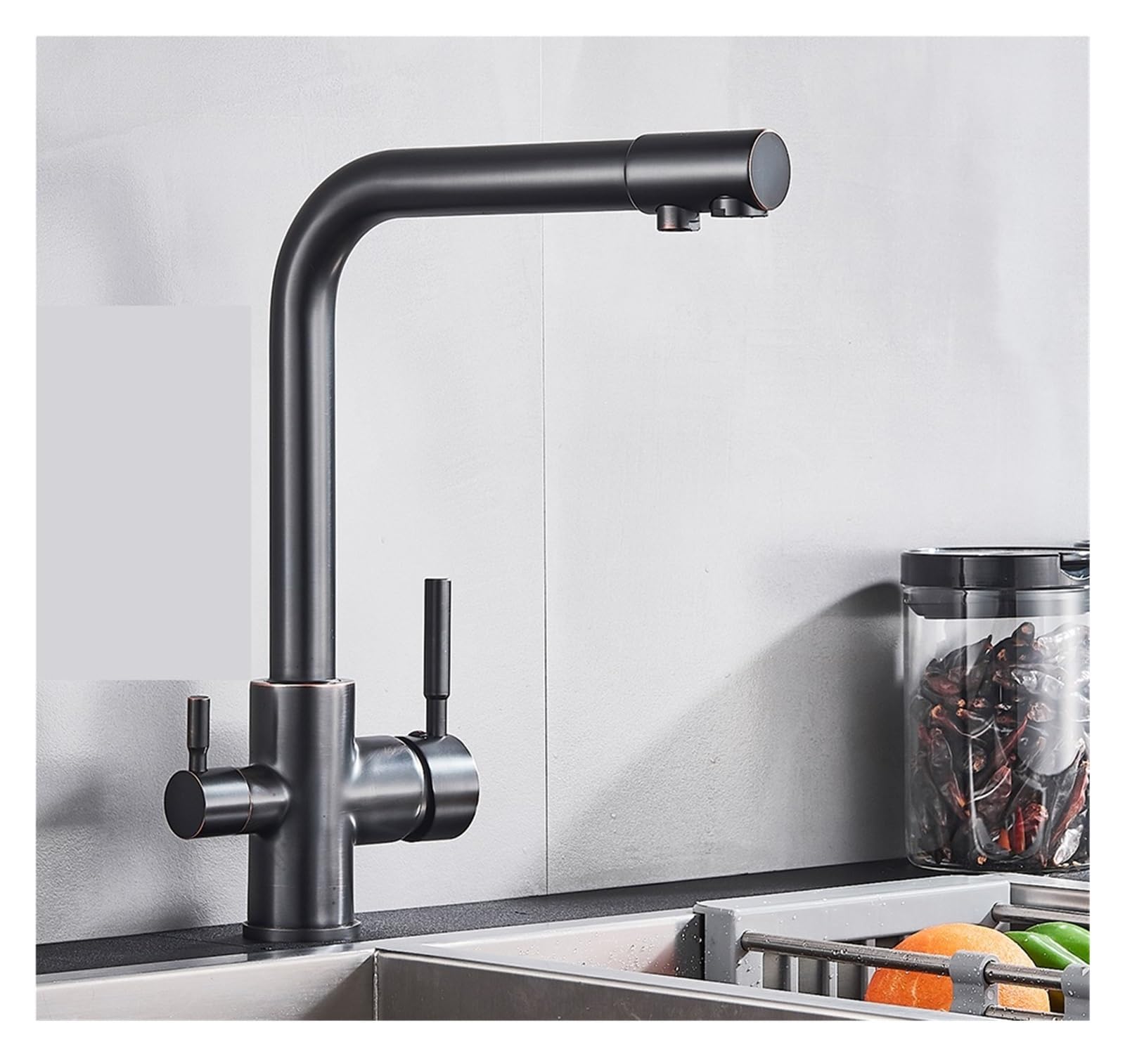 Rubinetto da Cucina per Acqua Pura in Ottone Nero Opaco Rubinetto per Acqua Potabile Calda e Fredda a 3 Vie con Filtro a 3 Vie Miscelatori purificati da Cucina (Colore : Black Bron