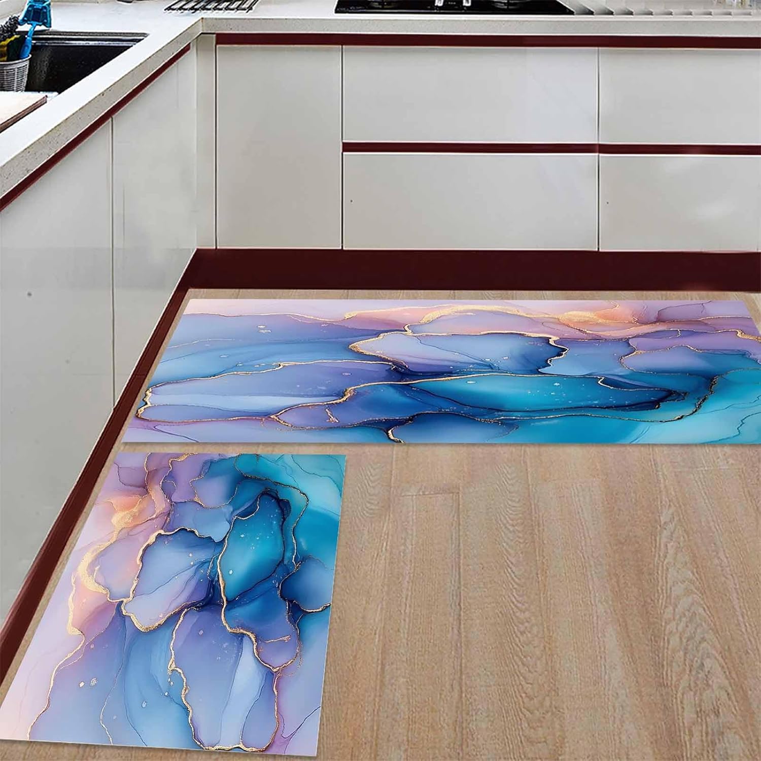 2 Pieces Kitchen Rugs and Mats,Modern Colorful Gradient Marble Texture Area Runner Rug Set Non Slip Floor Doormat Washable Carpet Standing Mat for Kitchen Sink Indoor Corridor,Abstract Fluid Art