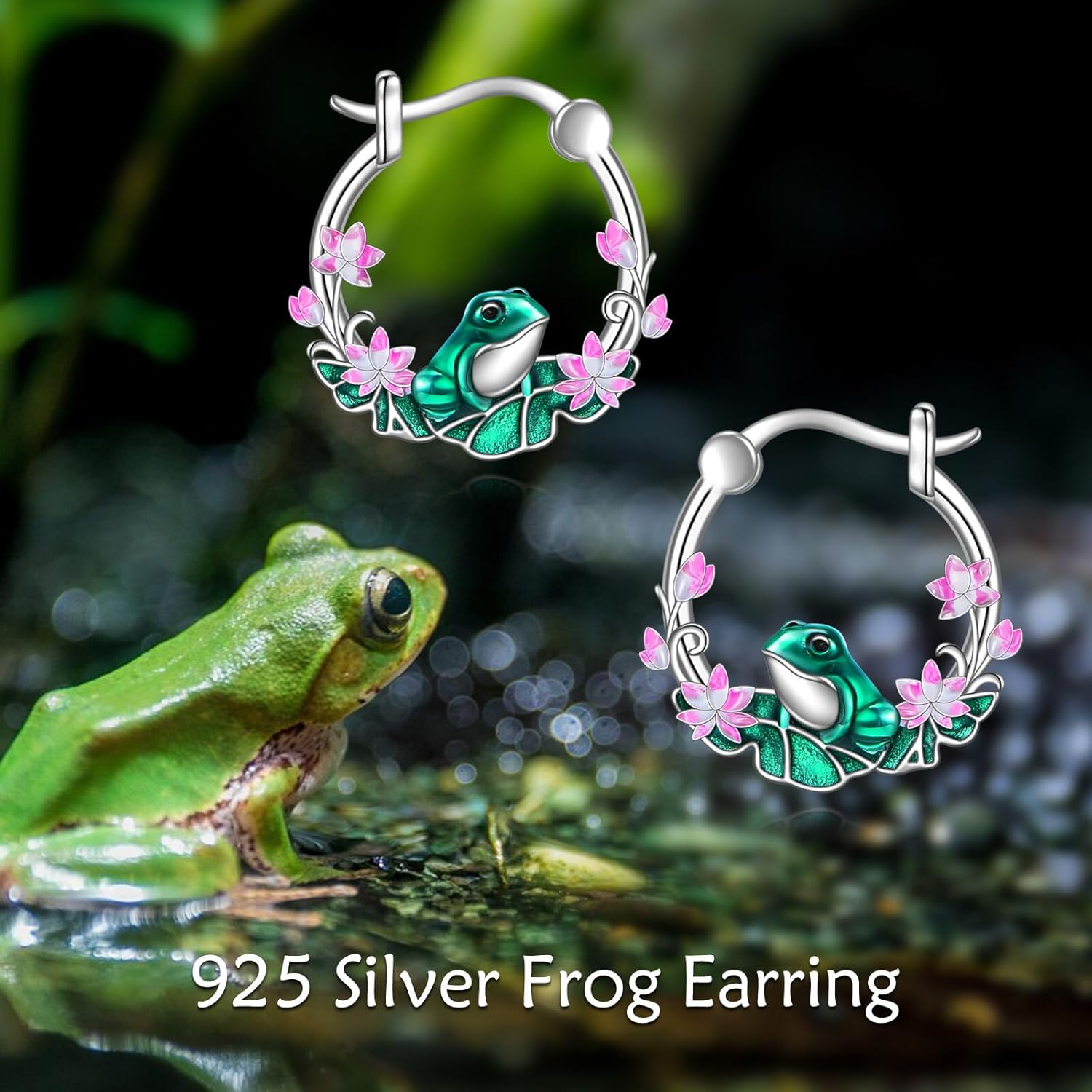 Frog Earrings Sterling Silver Small Green Frog Hoop Earrings Jewelry Flower Hoops Gifts for Women - Image 6