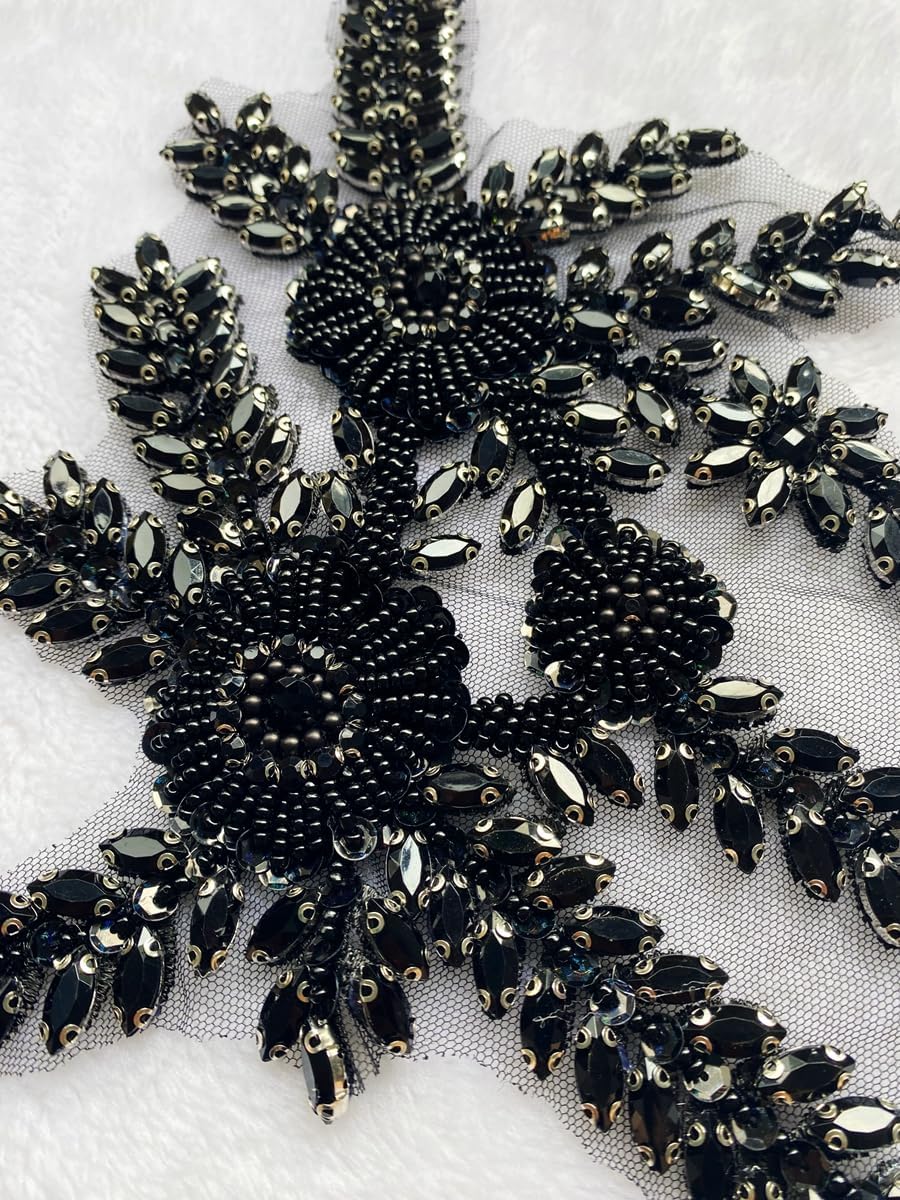 Two Colors Handmade Beaded Crystal Patches Bodice Lace DIY Applique Patches Accessory for Dress Clothes 1 Pair 8X12inches (Black)