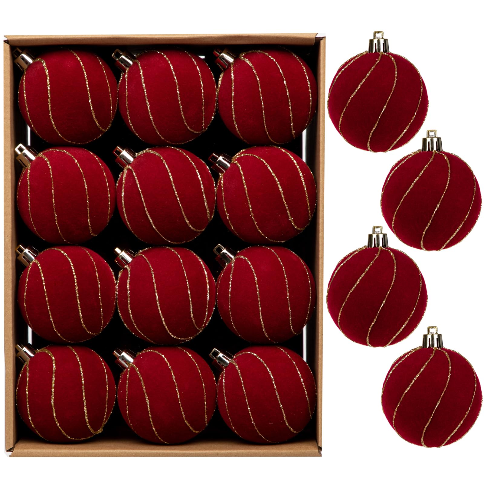 Photo 1 of 24PCS Velvet Christmas Ball Ornaments Set, 2.36" Shatterproof Baubles for Christmas Tree Decorations, Gold-Lined Hanging Baubles with Velvet Finish for Thanksgiving Holiday Party Décor, Red
