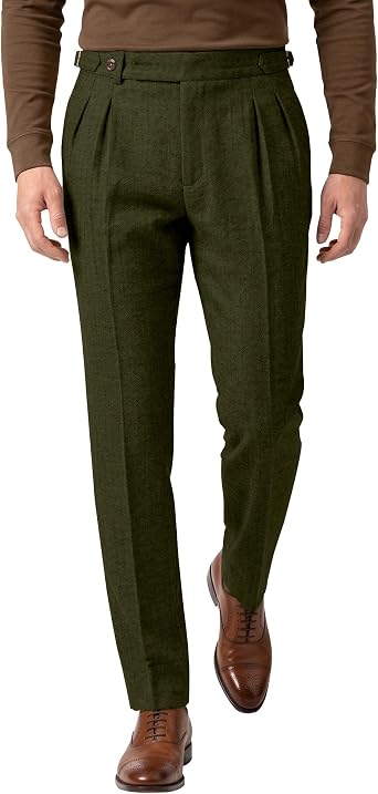 Mens Tweed Pants Retro Dress Pants Herringbone Pleat Front Plaid Trousers | Mens Retro British Dress Pants Classic Slim Fit Herringbone Pants for Men Pleat Front Business Plaid Trousers