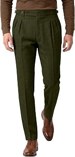 Mens Tweed Pants Retro Dress Pants Herringbone Pleat Front Plaid Trousers