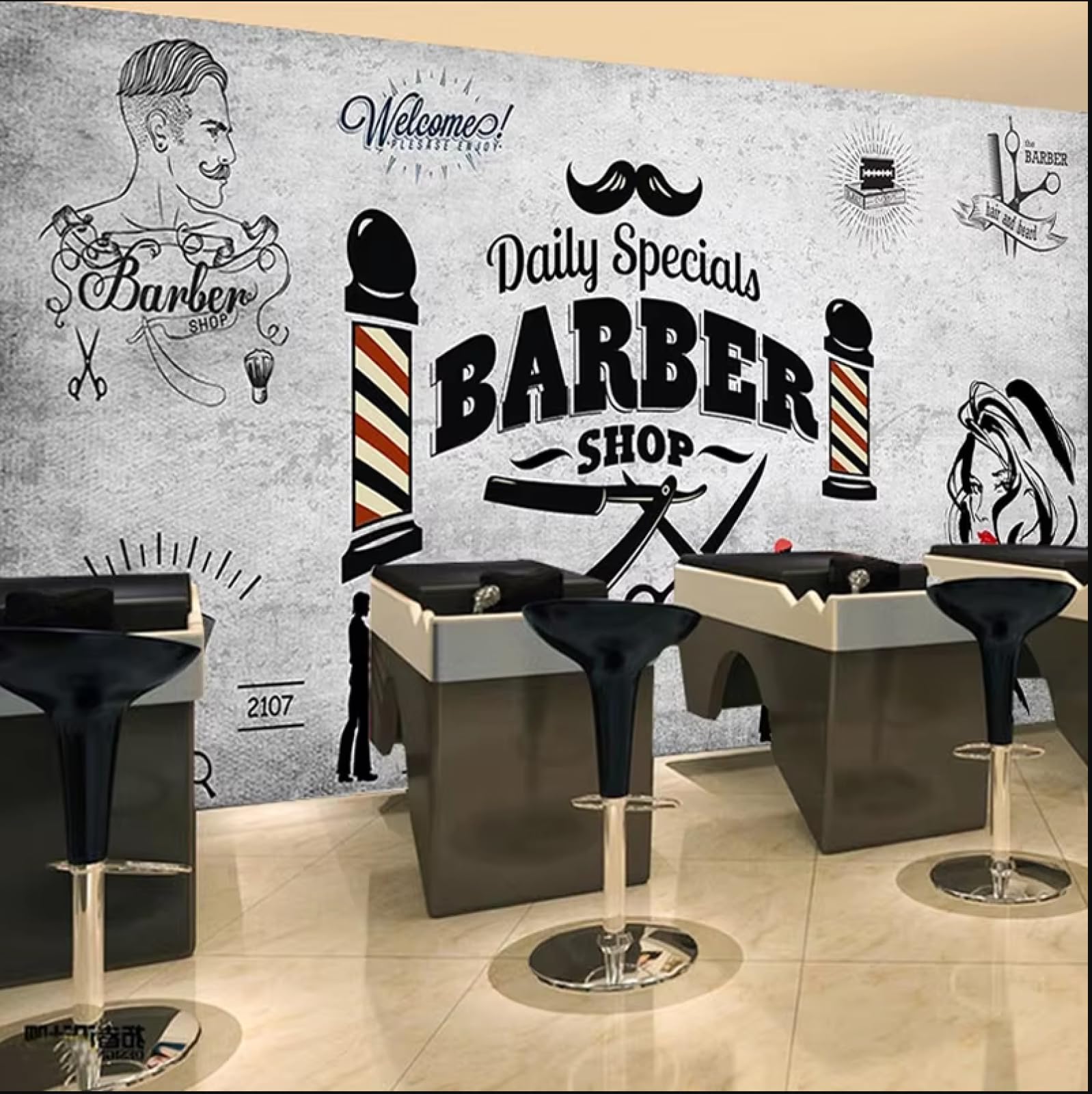 Fresque murale haut de gamme en papier peint 3D rétro coiffure de 250X175cm