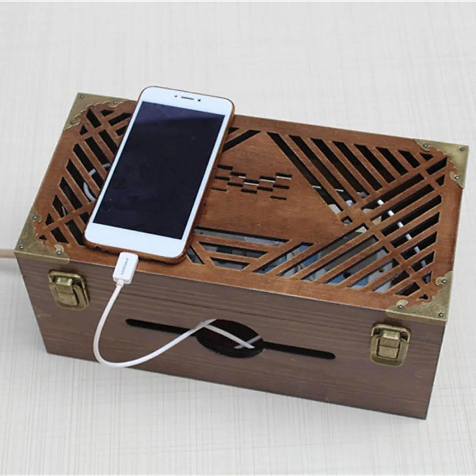 Caja de gestión de cables, caja de almacenamiento grande de madera para escritorio y soporte de TV, elegante organizador para regletas de alimentación y enrutador