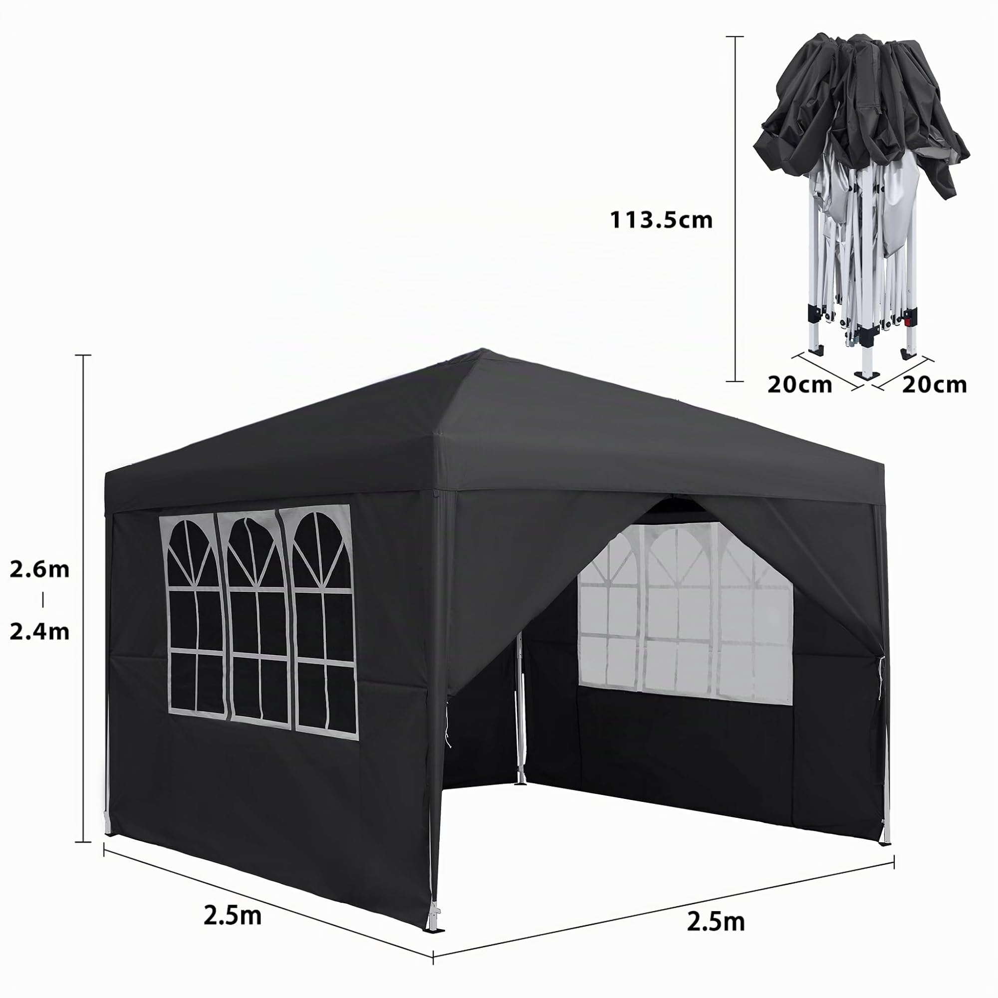 Tonnelle pliable - 2,5 x 2,5 m - Imperméable et stable - Résistante à l'hiver - Avec 4 panneaux latéraux et fenêtres - Tente de jardin pliable - Protection UV - Tente de réception pour