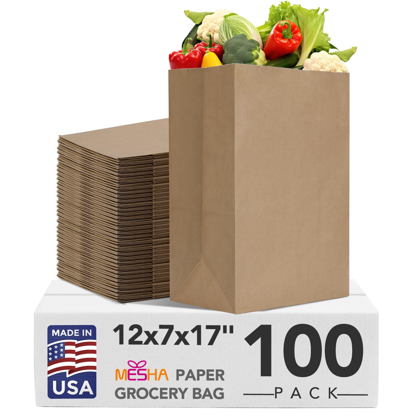 Photo 1 of **FACTORY SEALED** MESHA Paper Grocery Bags 12 x 7 x 17 Inches 100Pcs Bulk, Heavy Duty 60 Lbs Kraft Brown Paper Bag, Large Grocery Kraft Sacks -Takeout, Restaurant, Retail, Shopping