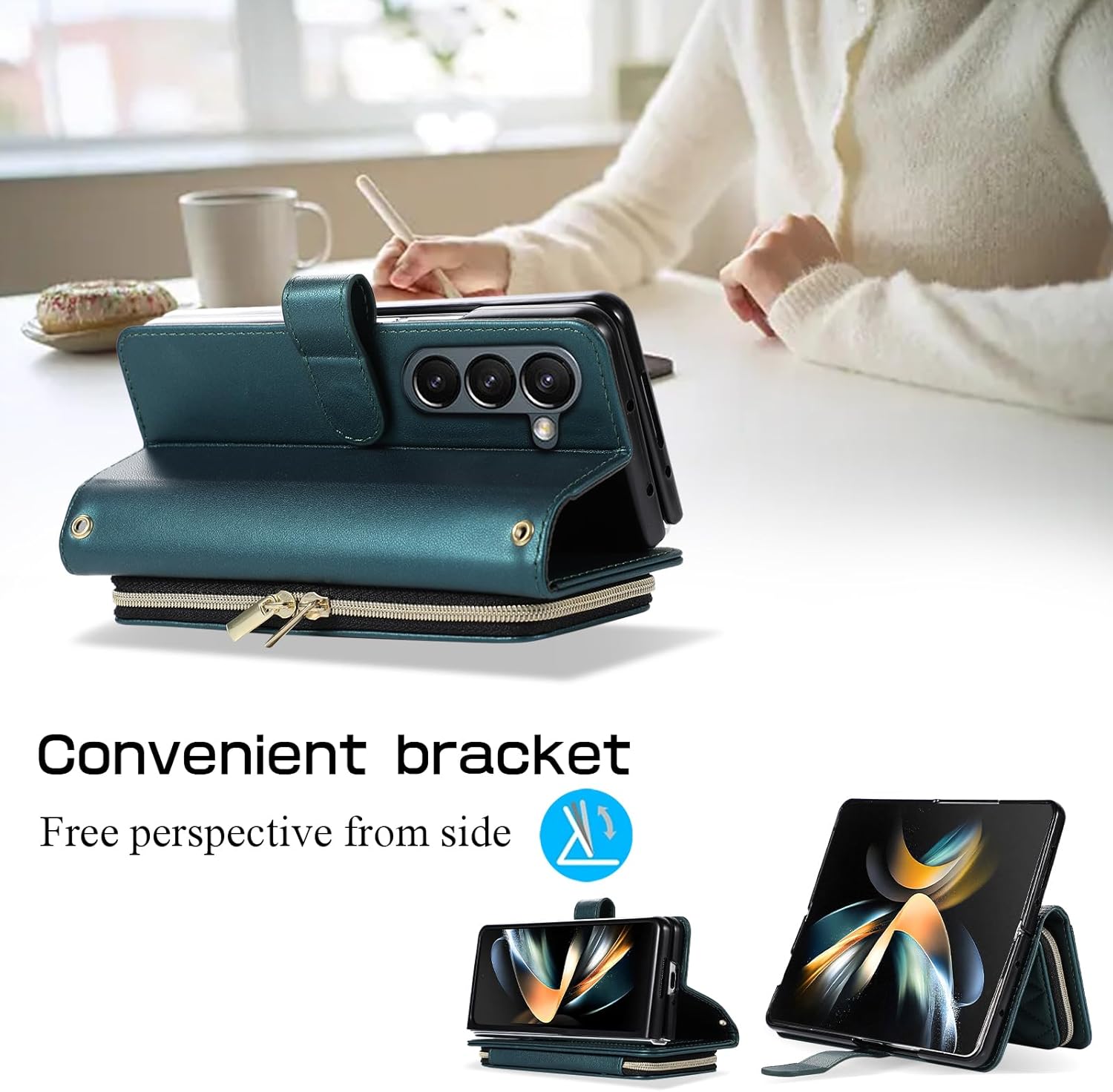 Wallet Case for Samsung Galaxy Z Fold 6 with Zipper Card Holder, Crossbody Purse Handbag Stylish Protective Cover with Shoulder Strap & Wrist Strap for Galaxy Z Fold 6 -Dark Green