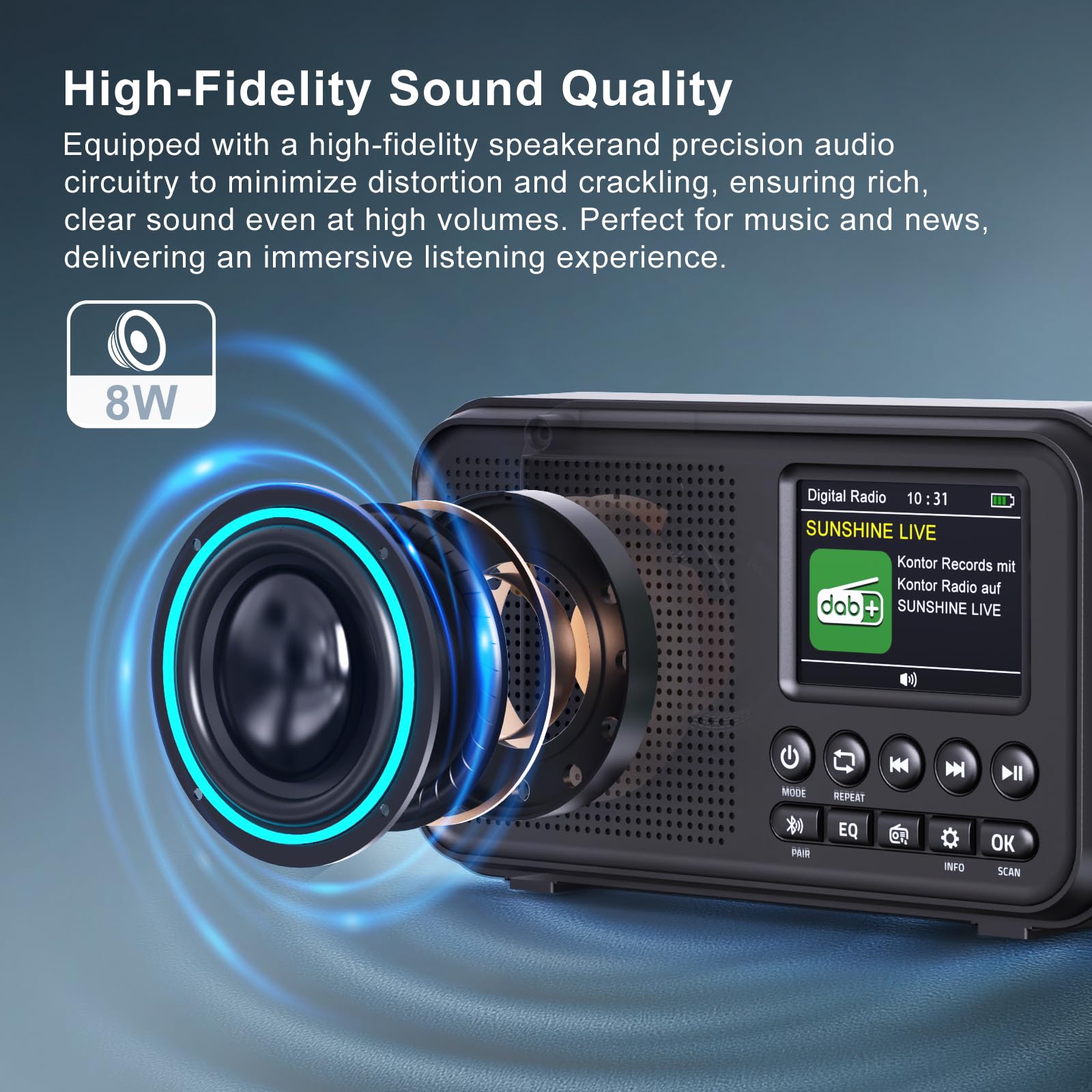 Tragbares DAB/DAB+ Radio, UKW Digitalradio mit 3000-mAh Akku, wiederaufladbares FM Radio mit Bluetooth 5.0, EQ-Modi, 80 Speicherplätze, 2,4-Zoll Farbdisplay, Sleep-Timer, 3,5-mm-AUX Anschluss