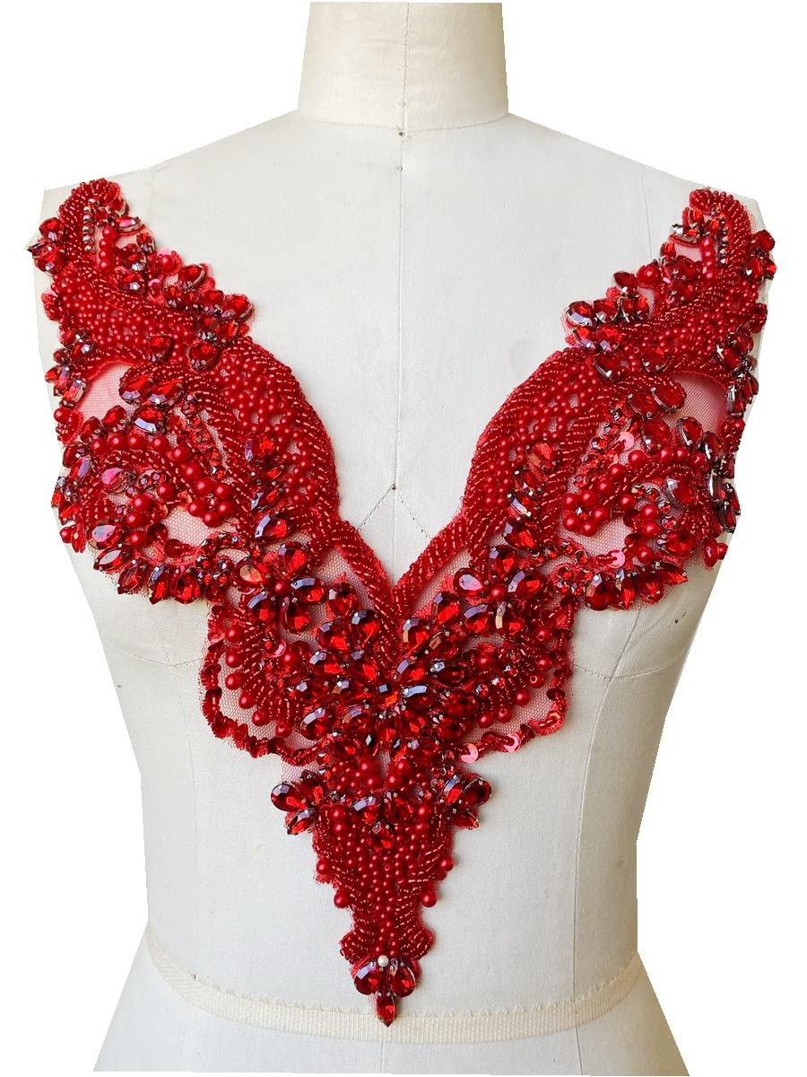 Amazon.com: Handmade rhinestones lace applique sew on beads trim patches  accessories for dress clothing neckline (Red) : Arts, Crafts & Sewing