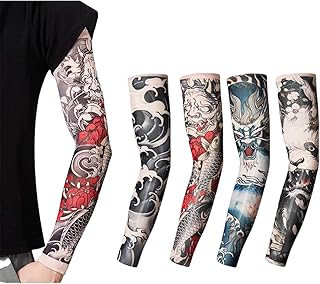 刺青柄タトゥーアームカバー 冷感 腕カバー メンズ 日焼け止め タトゥースリーブ 和柄 通気 吸汗速乾 UV アームカバータトゥースリーブ 入れ墨 アームカバー 刺青 腕カバー (4本セット 4) [並行輸入品]