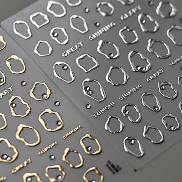 Irregular Bronzing Nail Art Stickers Decals Gold Silver Frame Stickers with Rhinestone 3D Self Adhesive Designs Decals Circle 5D Engraved Manicure Sliders for Women Girls Nail Art Decorations