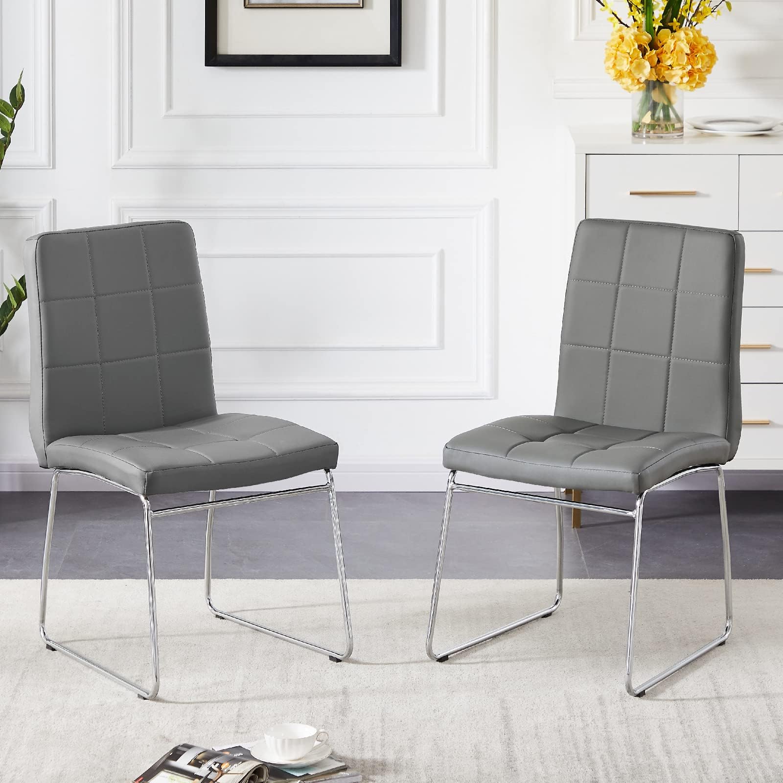 Dining Chairs Set of 2 - Comfortable Leather Dining Room Chairs, Modern Kitchen Chairs with Metal Legs Side Chairs, Accent Chairs for Living Room, Bedroom - Gray