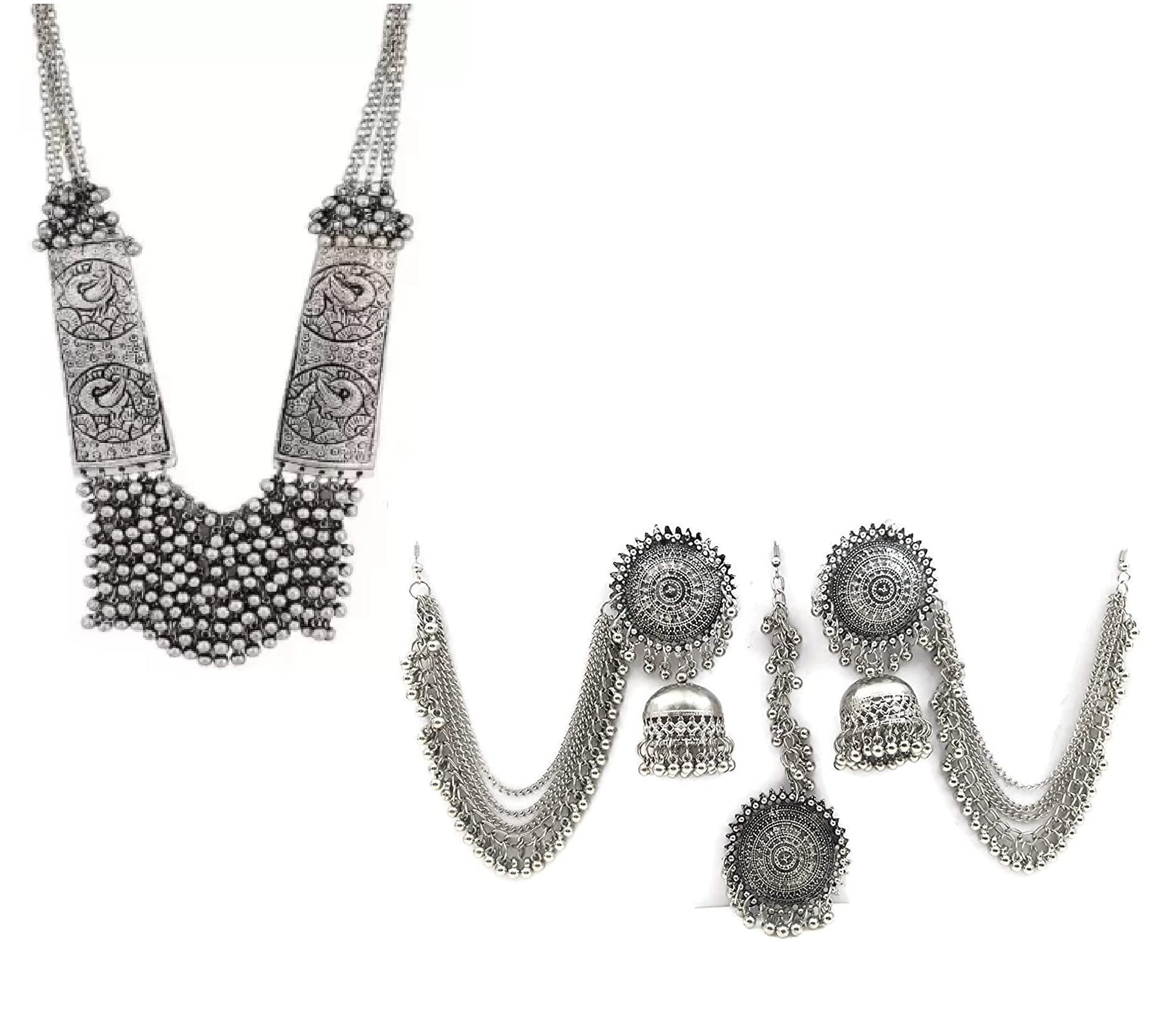 Zukhruf Oxidised Silver Beads Hanging Necklace with Mangtika Earring (Combo Pack) for Girl & Women (B0C1469WN8) Amazon Price History, Amazon Price Tracker